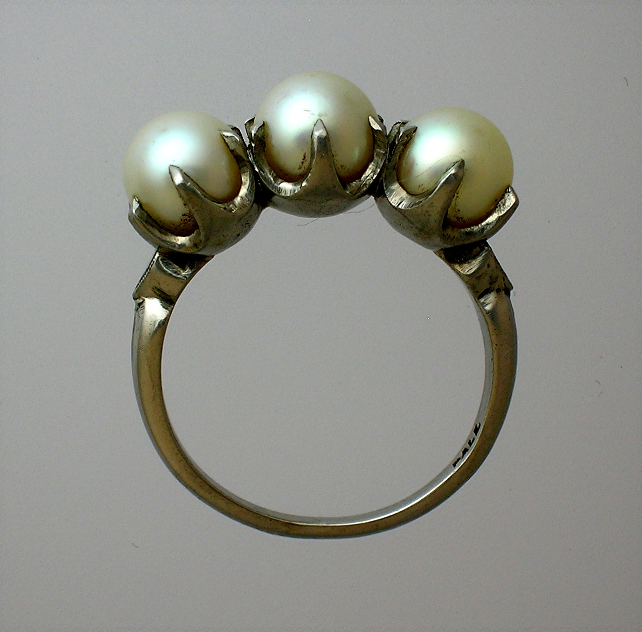 Magnificent 3 Pearl Palladium Claw Set Ring . . . .