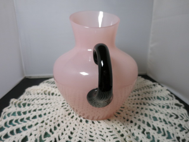 Steuben Art Glass pitcher pink with black handle 2 quart