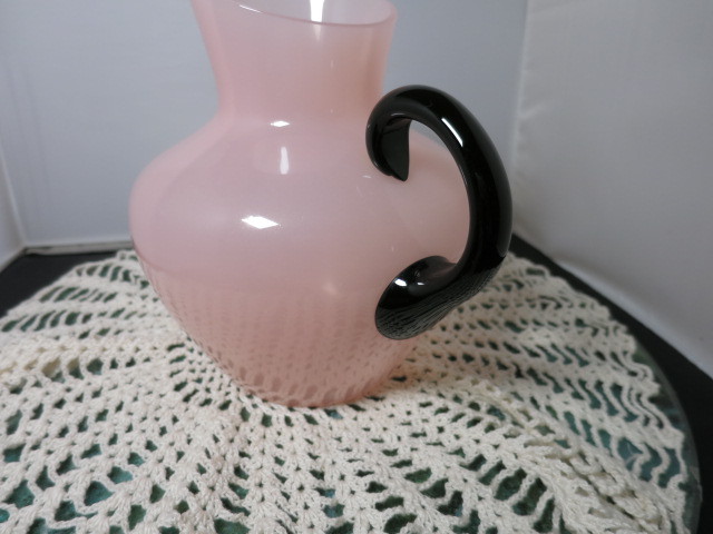 Steuben Art Glass pitcher pink with black handle 2 quart
