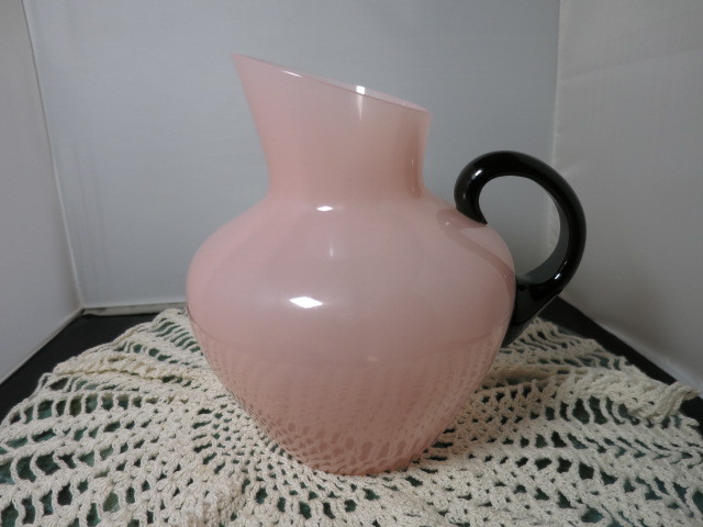 Steuben Art Glass pitcher pink with black handle 2 quart