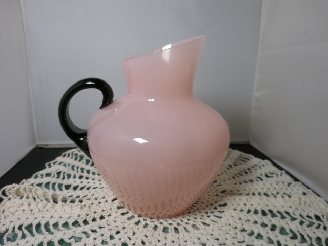 Steuben Art Glass pitcher pink with black handle 2 quart