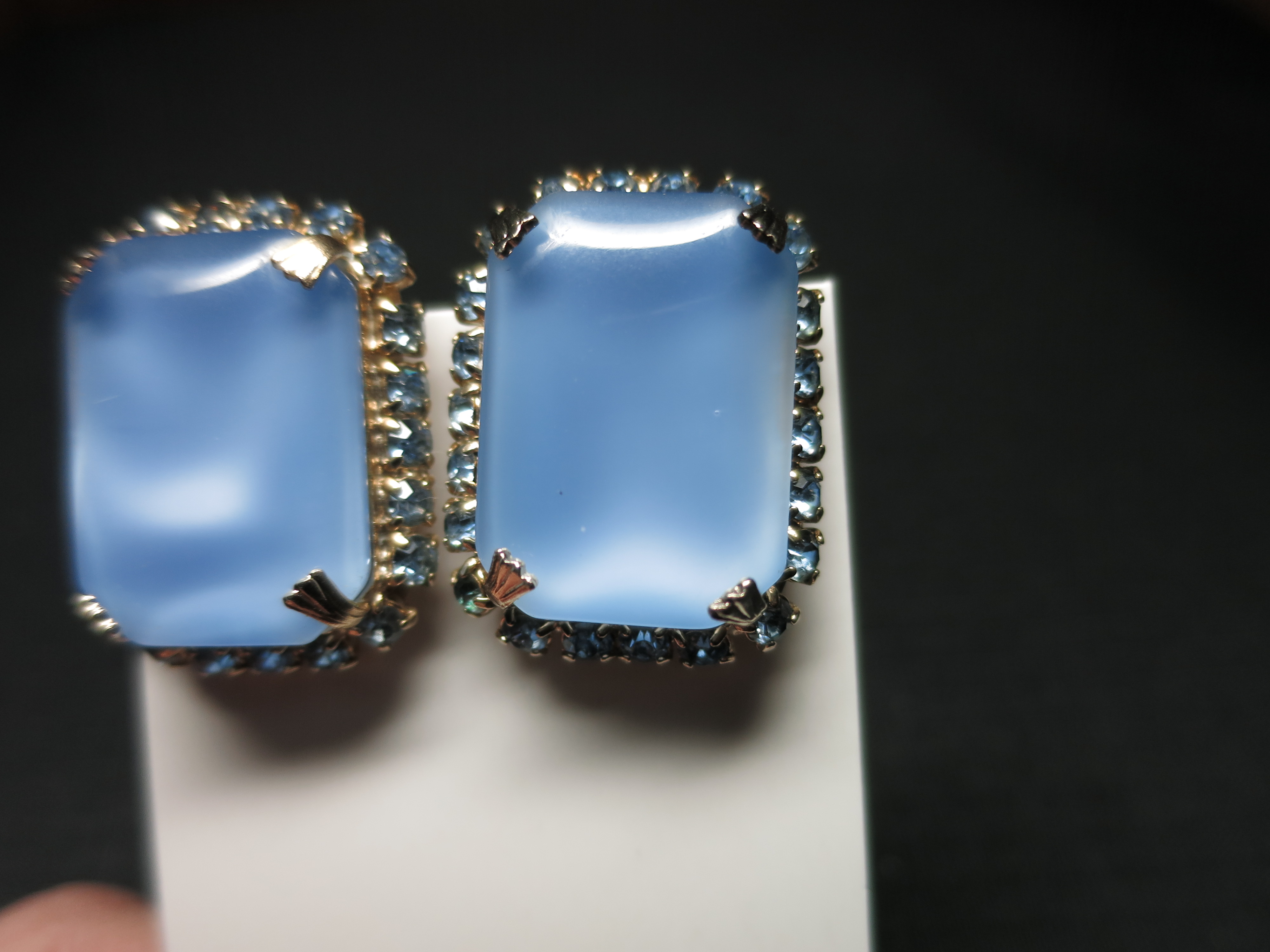 Clip On Earrings Faux Cat Eye with Blue Rhinestones