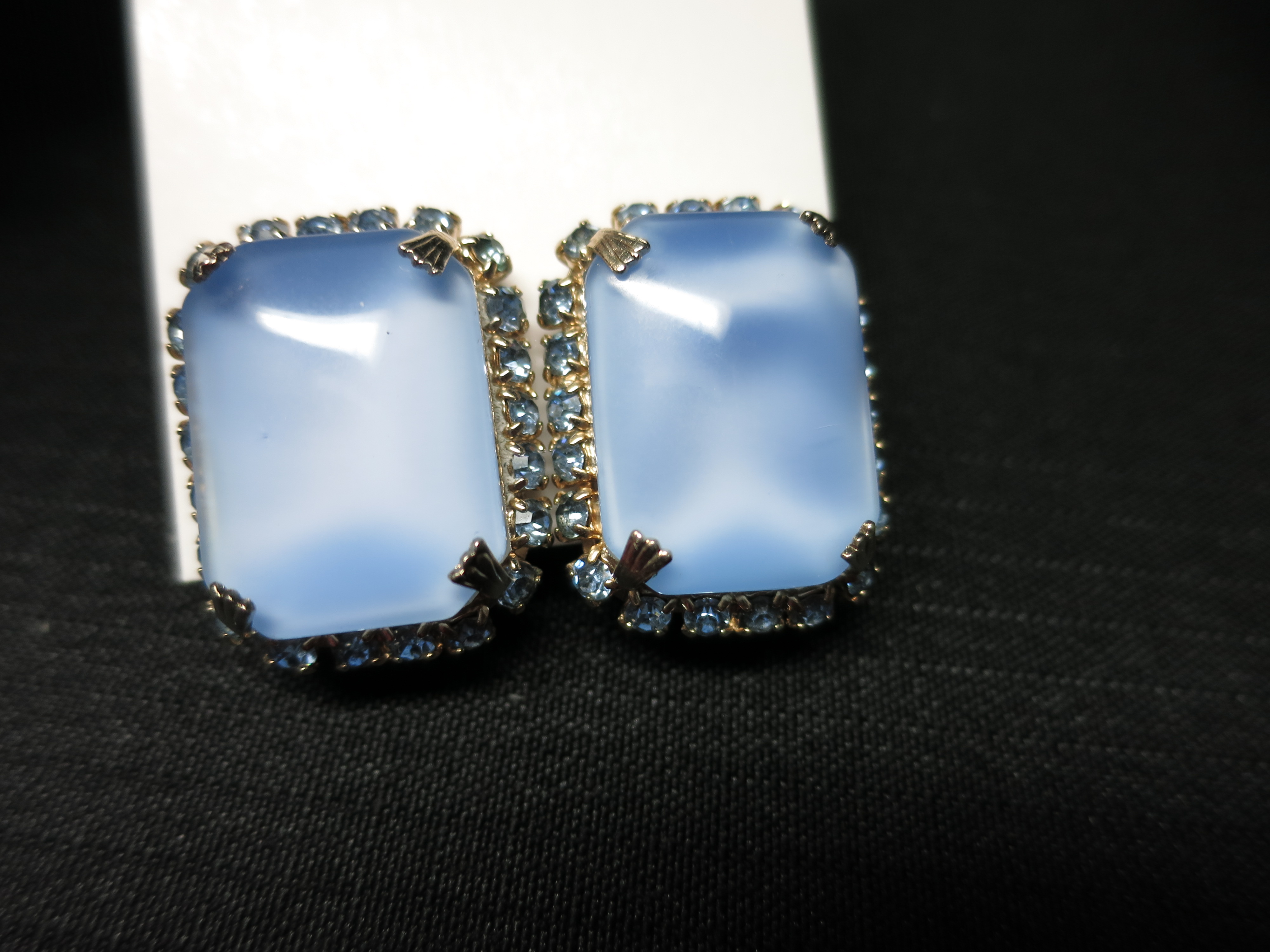 Clip On Earrings Faux Cat Eye with Blue Rhinestones