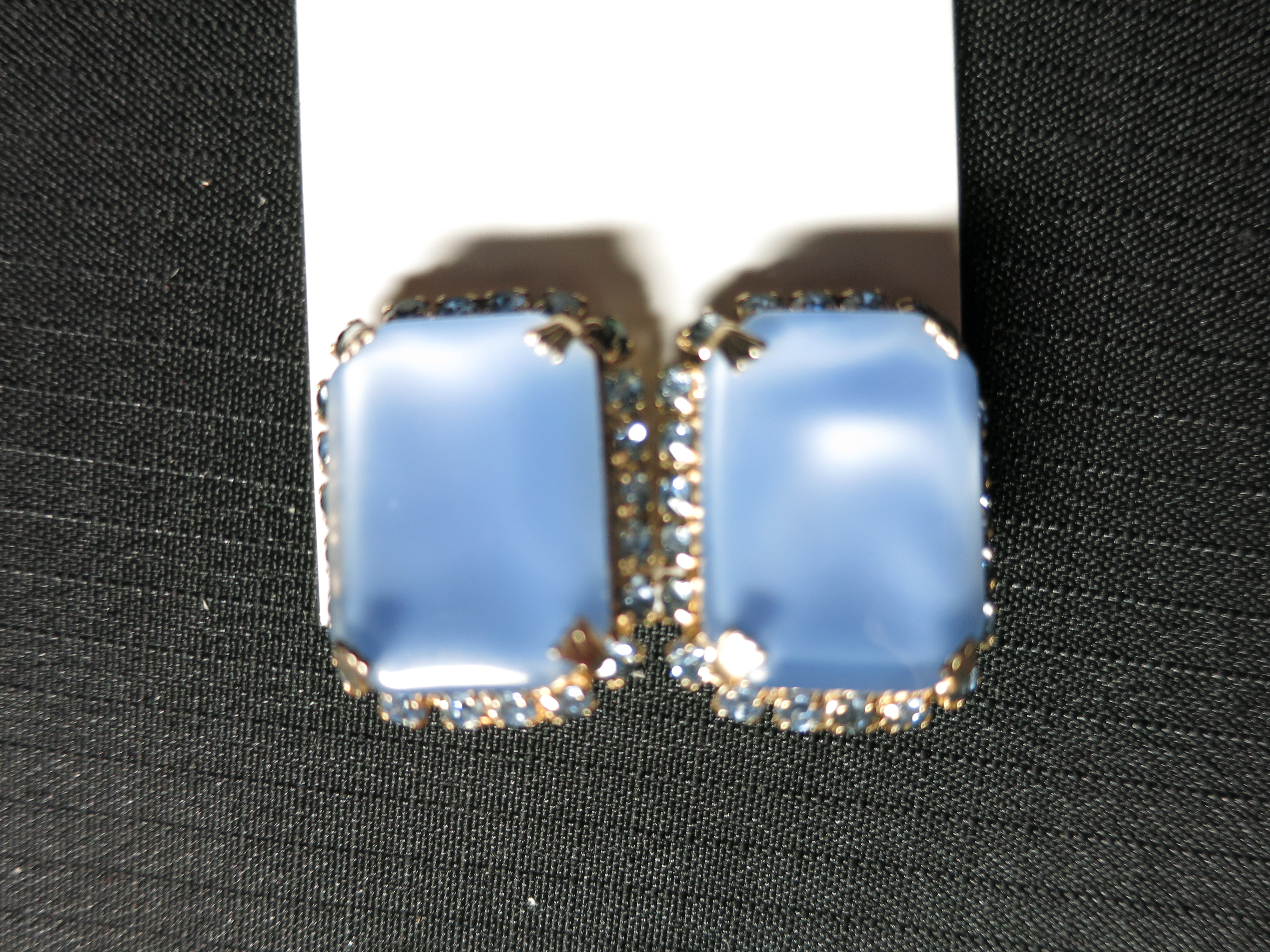 Clip On Earrings Faux Cat Eye with Blue Rhinestones