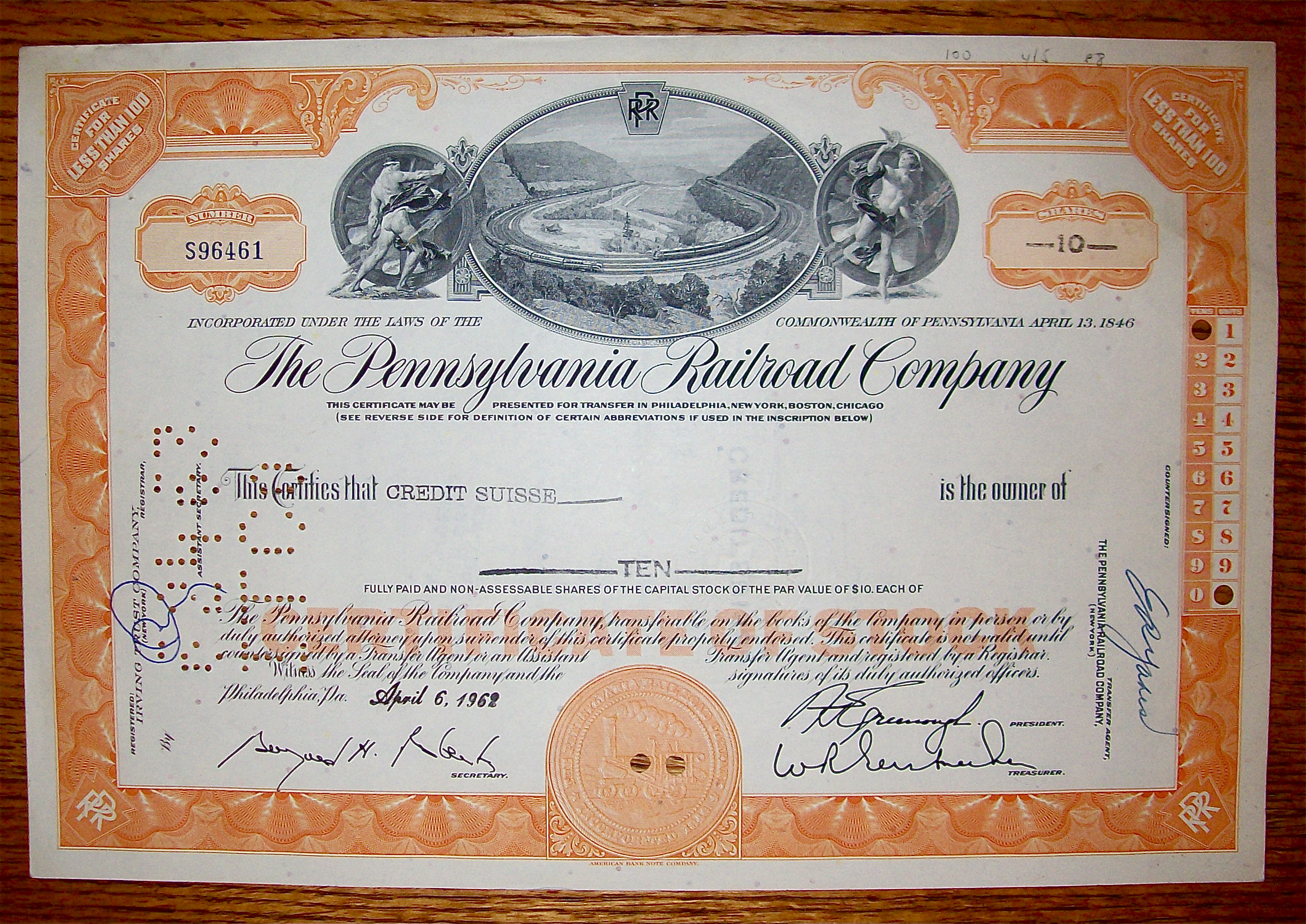 1962 Pennsylvania Railroad Company Stock Certificate