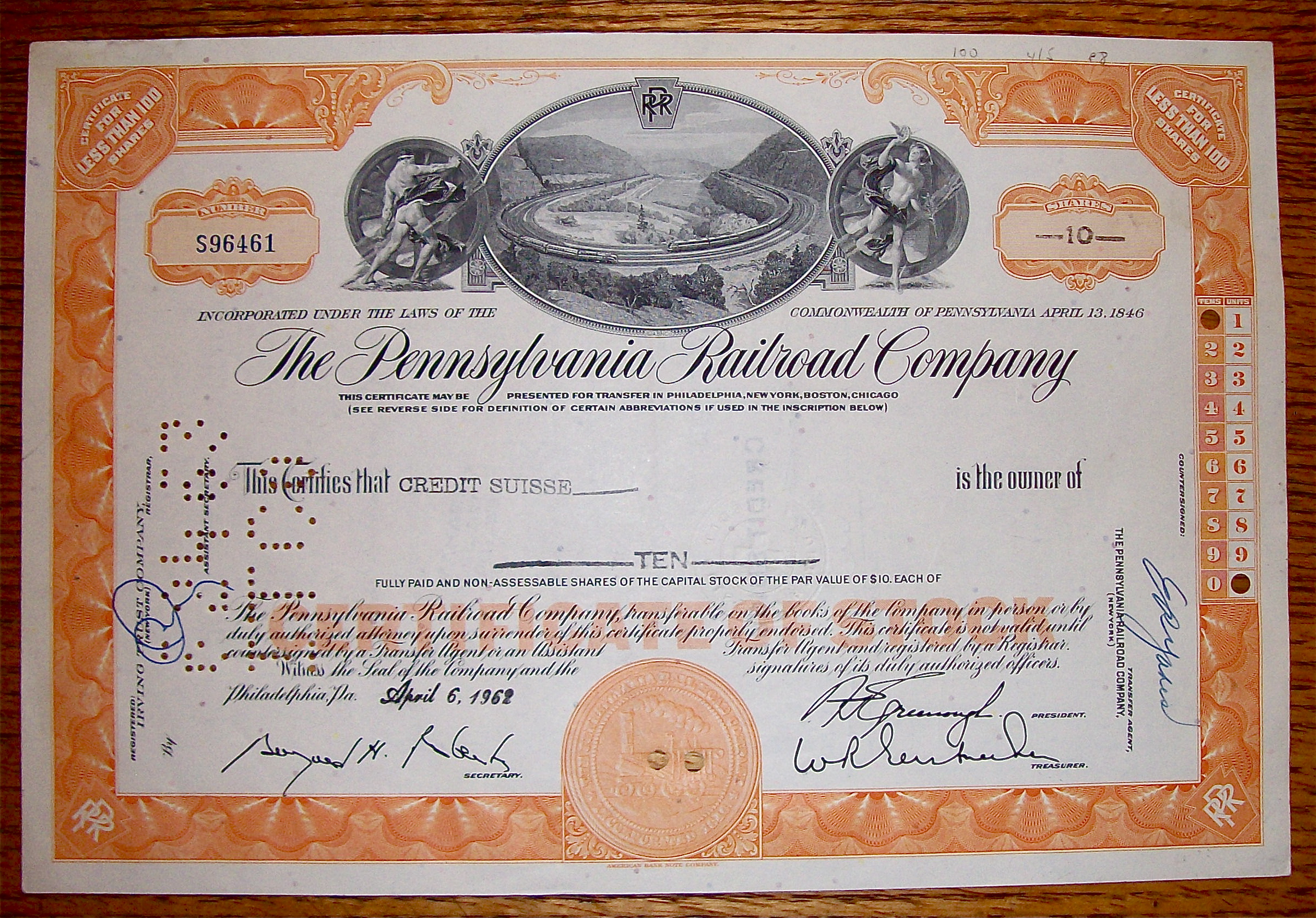 1962 Pennsylvania Railroad Company Stock Certificate