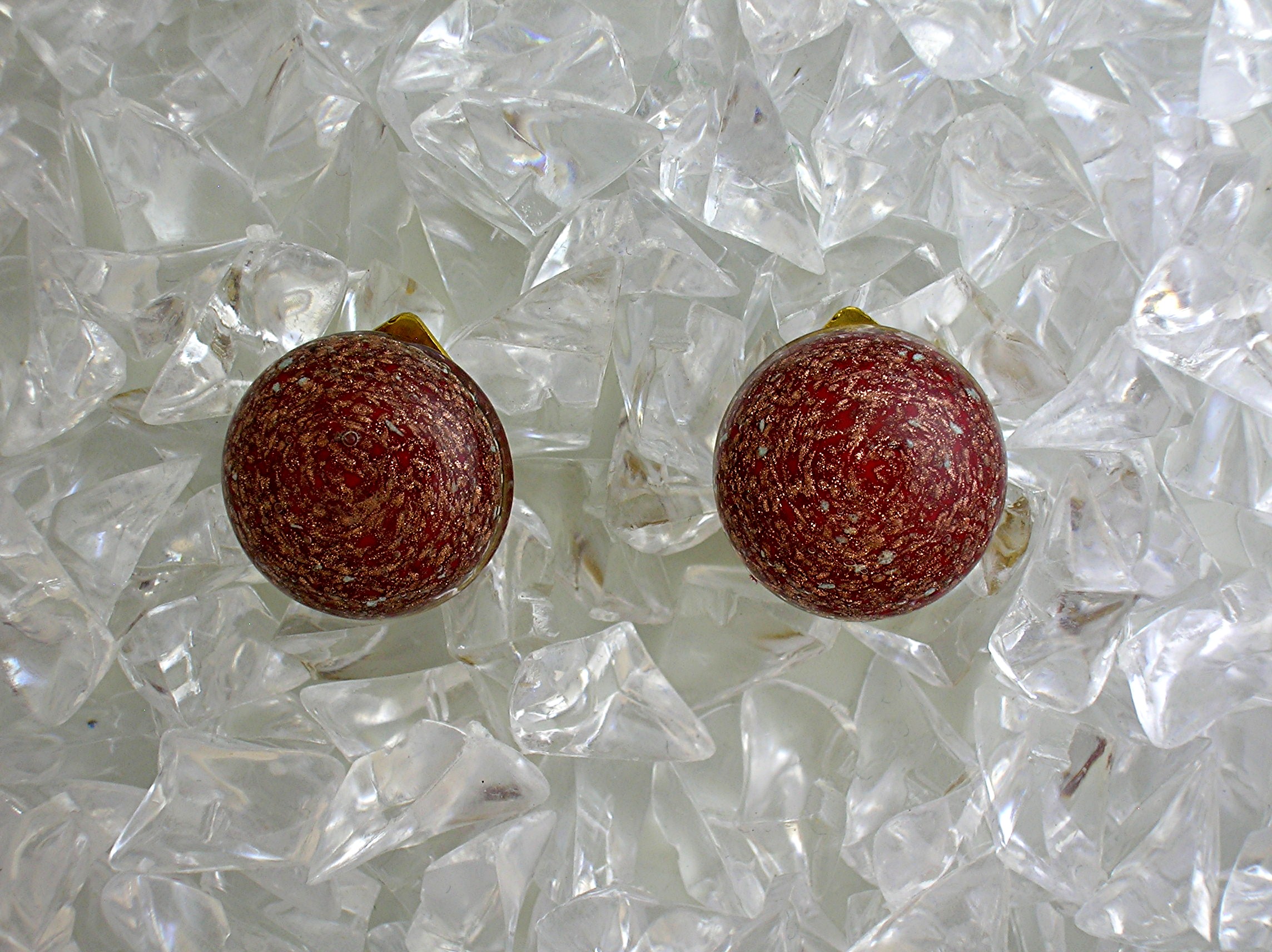 Red Gold Flecked Glass  Clip Earrings