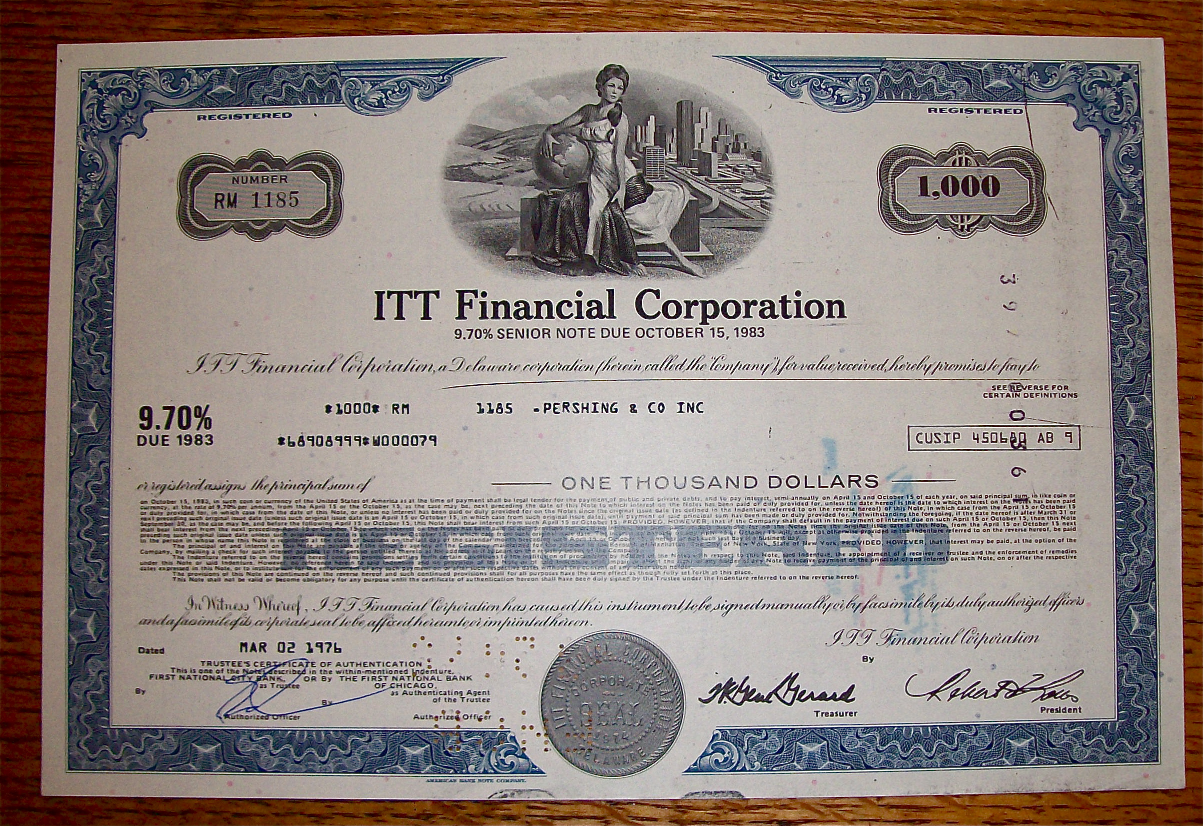 1976 ITT Financial Corporation $1000 Senior Note