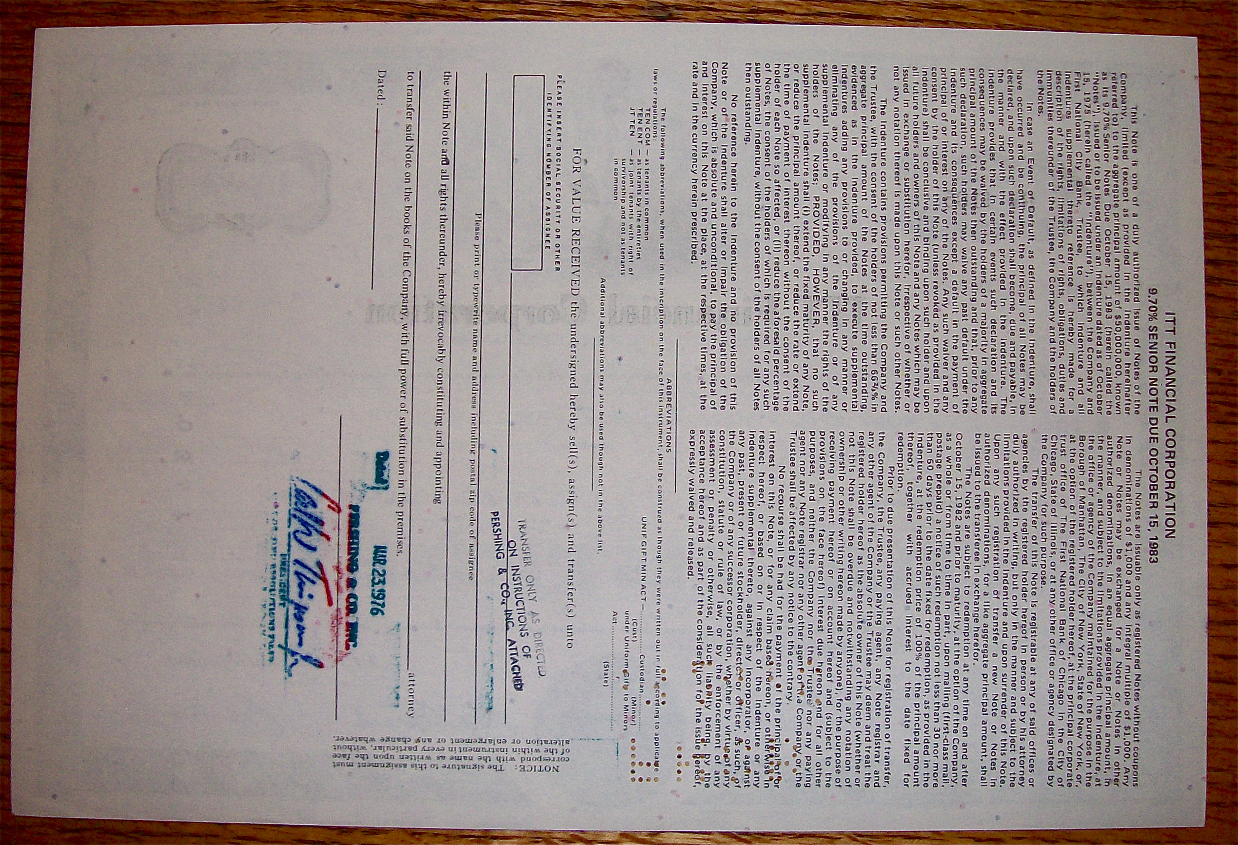 1976 ITT Financial Corporation $1000 Senior Note