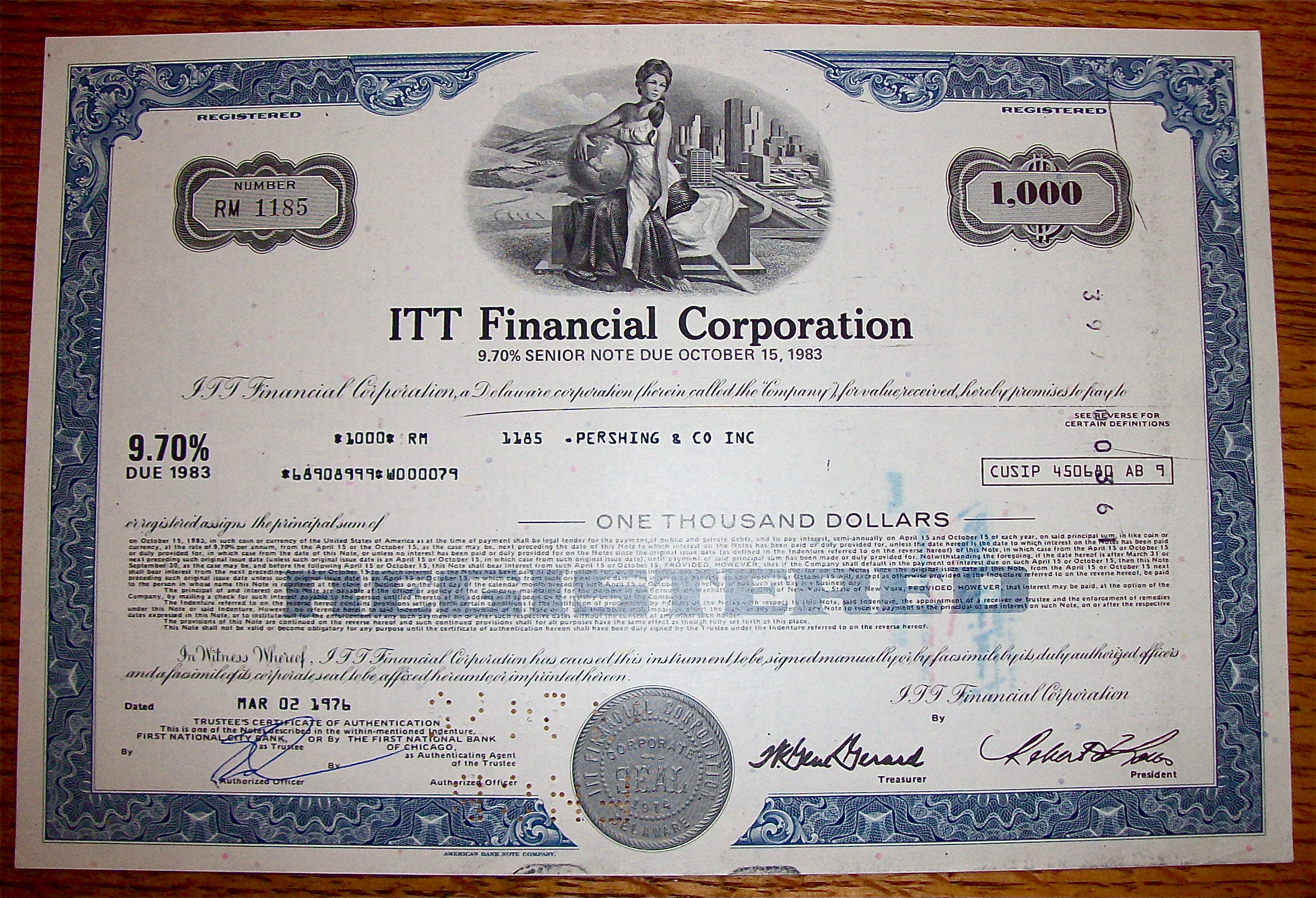 1976 ITT Financial Corporation $1000 Senior Note