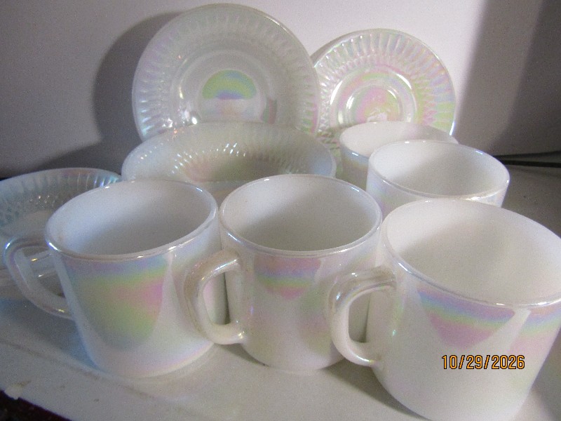 Vintage Anchor Hocking Fire-King Iridescent White Lusterware Milk Glass Mugs, Bowls & Saucers Set