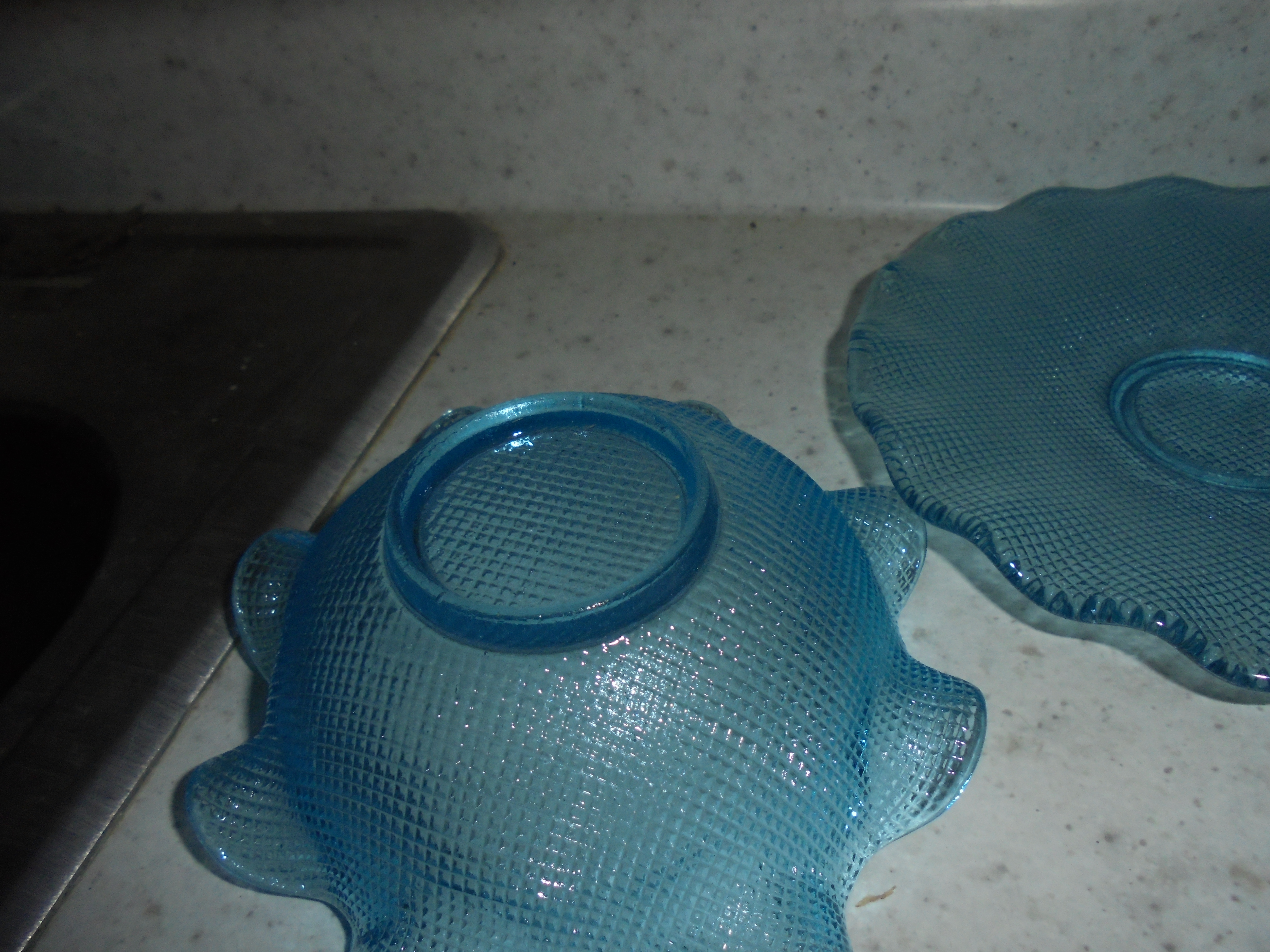 Aqua Blue Waffle Pattern Bowl Plate Indiana Glass Co MCM