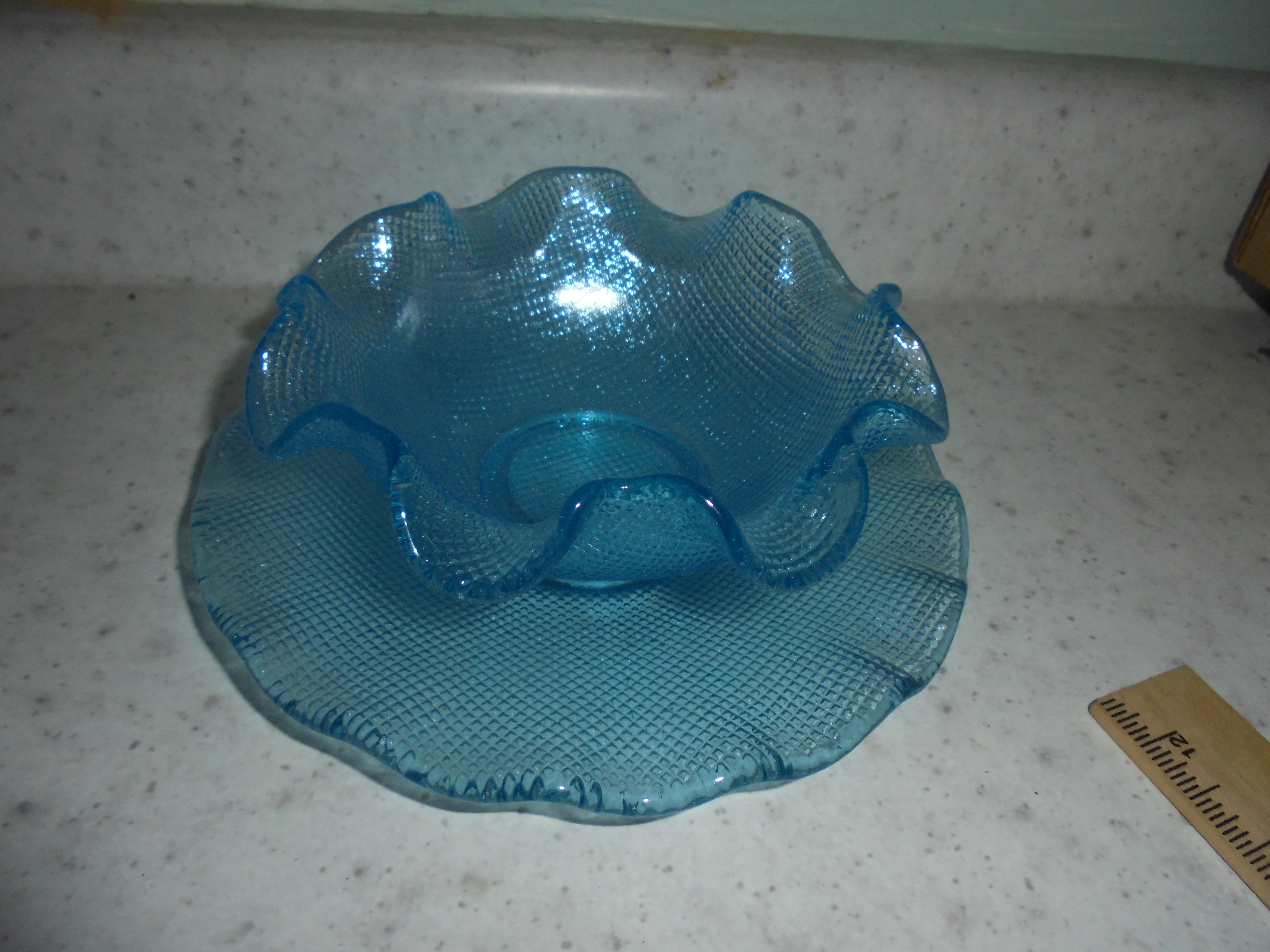 Aqua Blue Waffle Pattern Bowl Plate Indiana Glass Co MCM