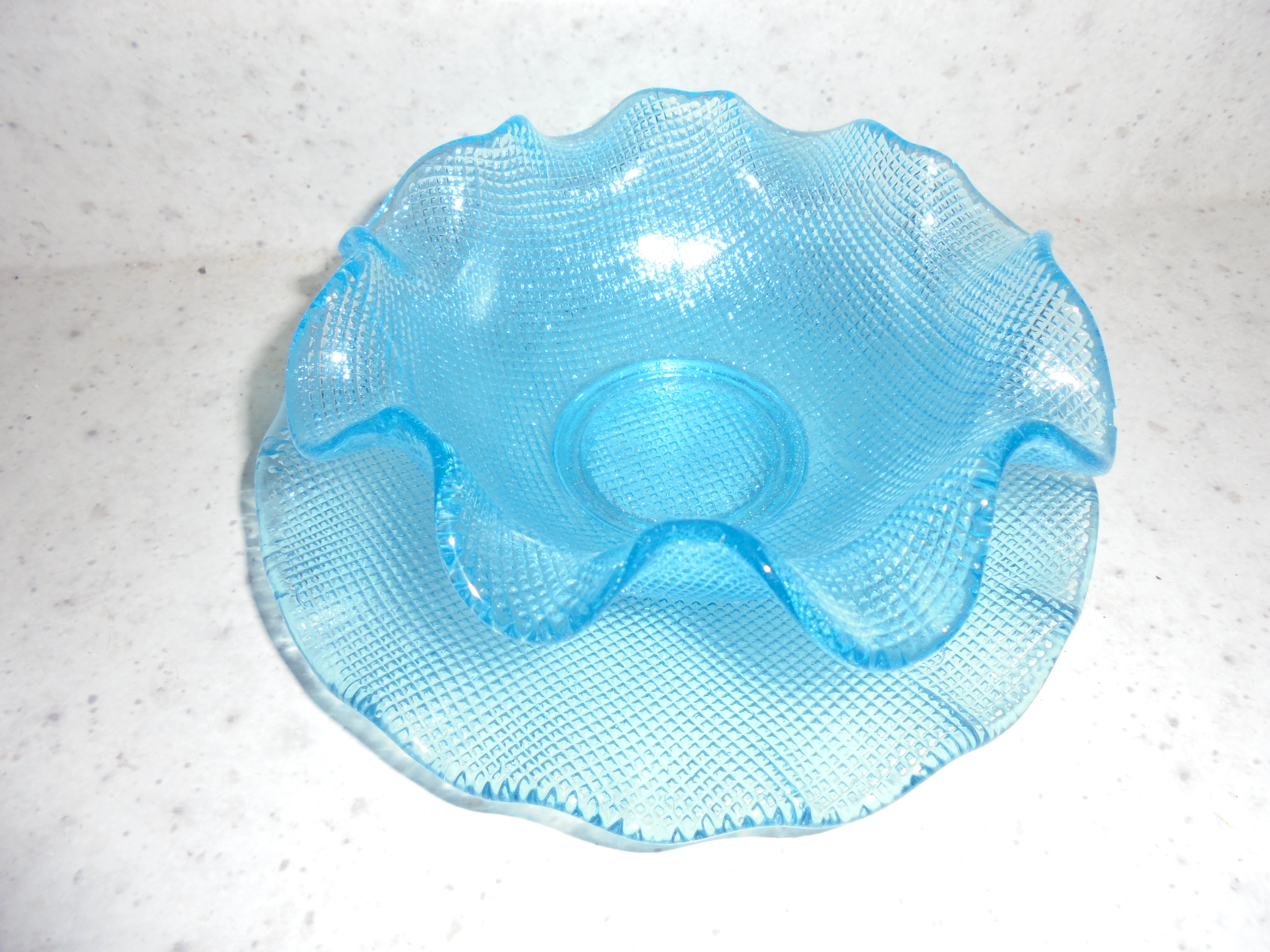 Aqua Blue Waffle Pattern Bowl Plate Indiana Glass Co MCM