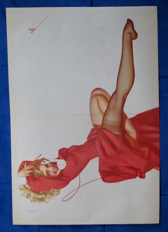 Original 1945 Sexy Pin Up Girl Wearing A Red Dress While Laying On Her Back While On The Telephone By George Petty