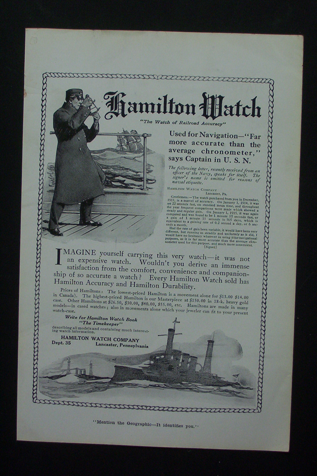 1917 Hamilton Watch with Man on a Boat