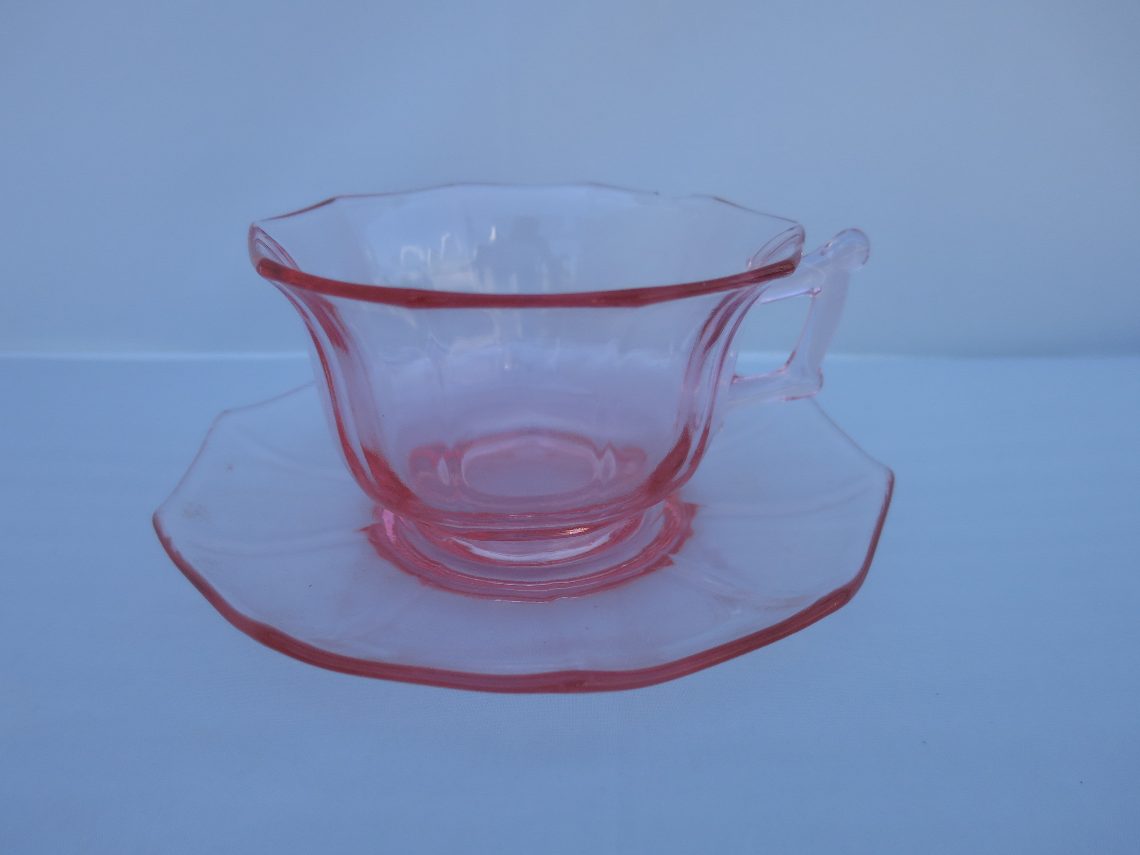 Cambridge Decagon Pink Depression Glass Cup and Saucer chip