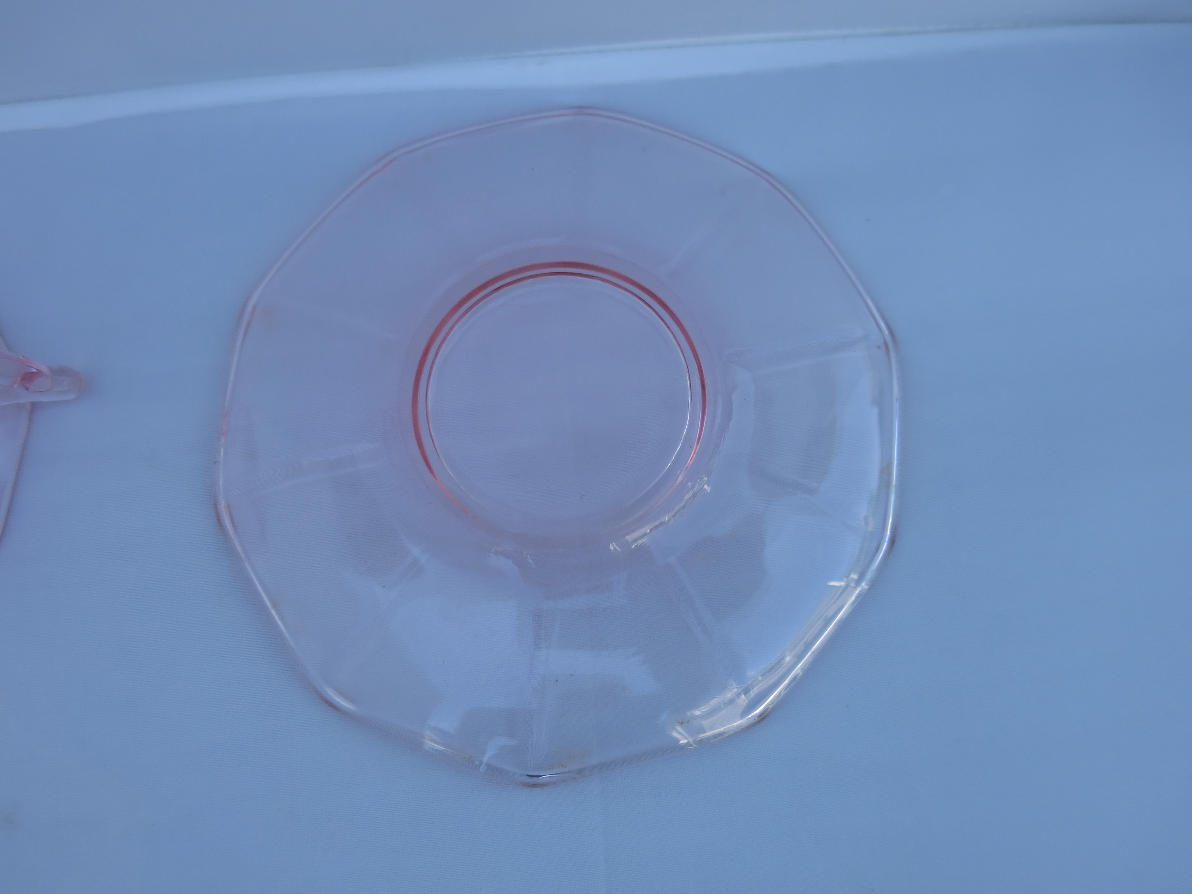 Cambridge Decagon Pink Depression Glass Cup and Saucer chip