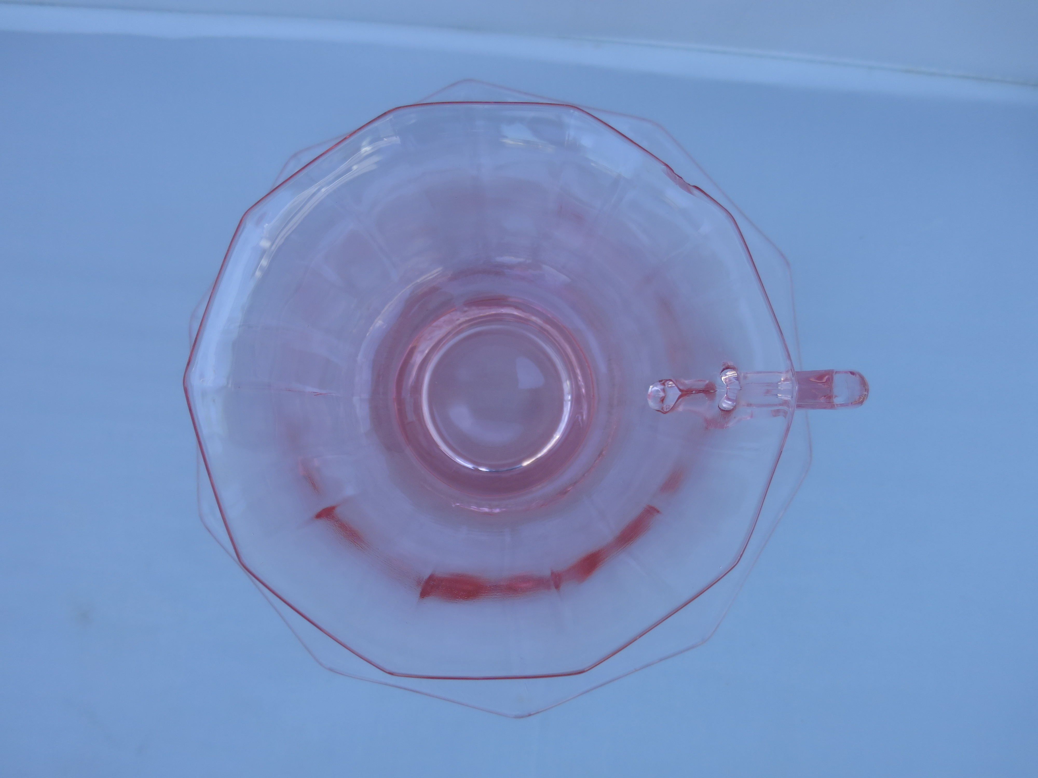 Cambridge Decagon Pink Depression Glass Cup and Saucer chip