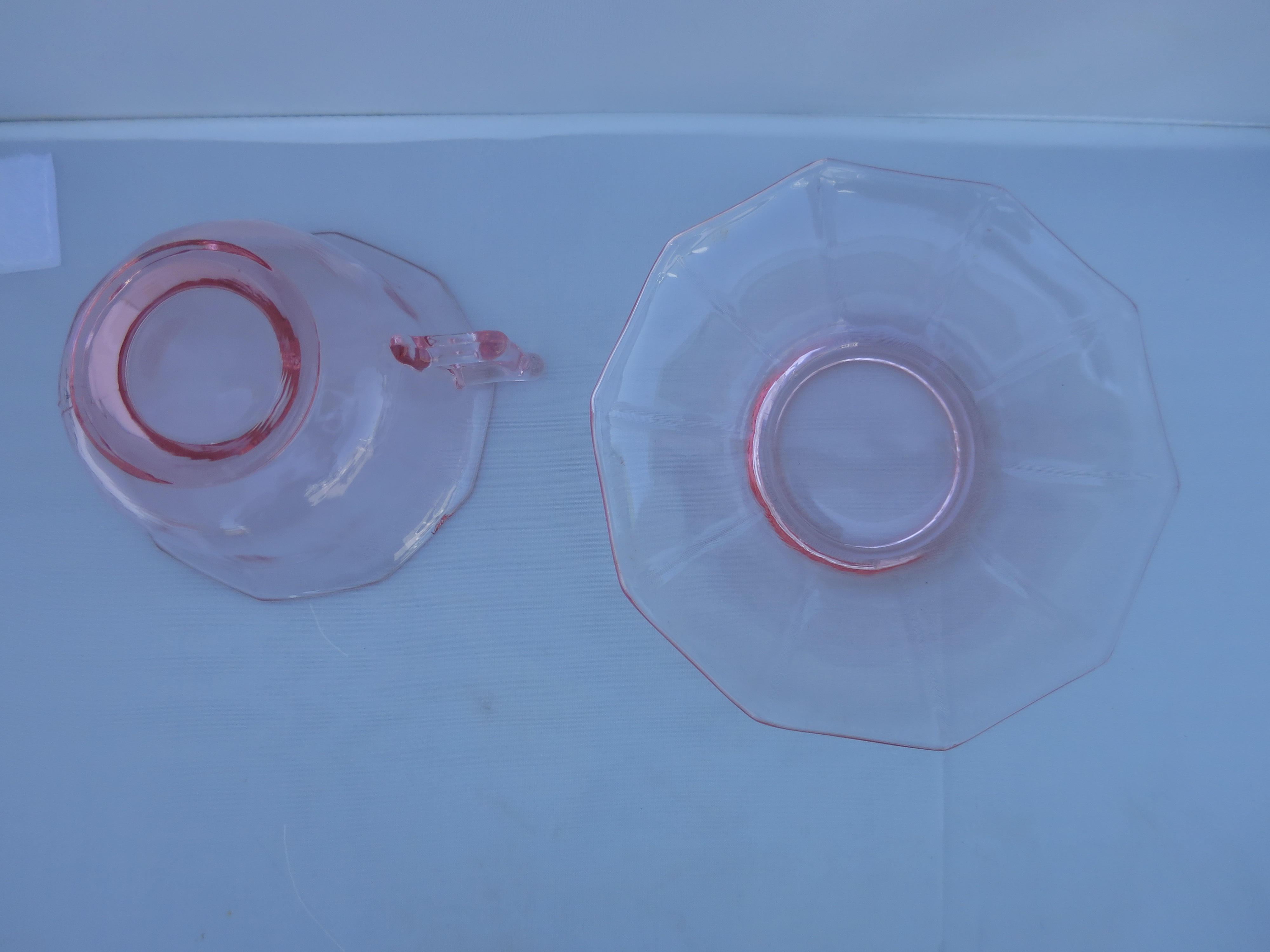Cambridge Decagon Pink Depression Glass Cup and Saucer chip