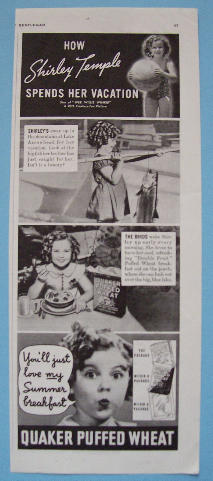 1937 Quaker Puffed Wheat w/How Shirley Temple Vacations