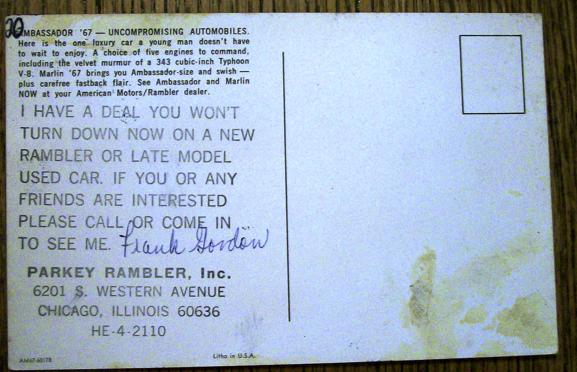 Ambassador '67 Postcard