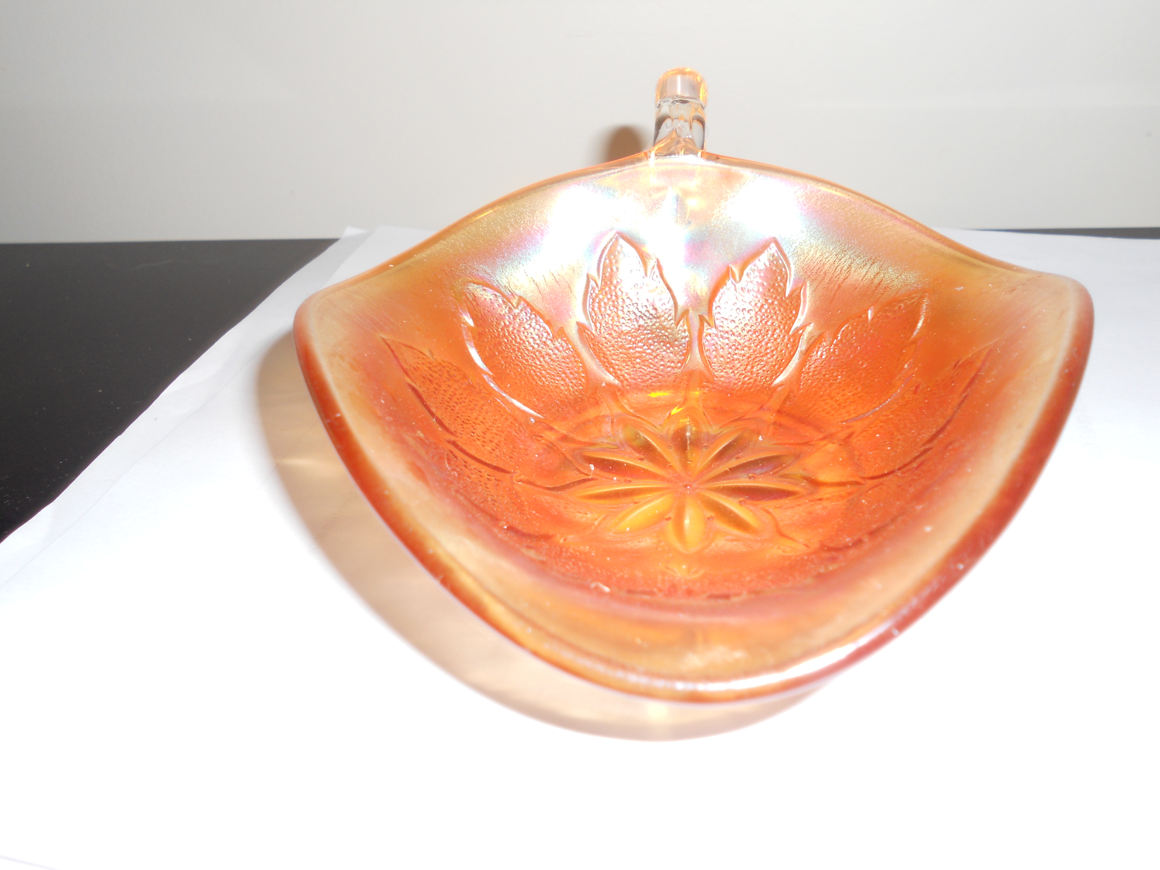 Dugan Marigold Carnival Glass Nappy Leaf Rays