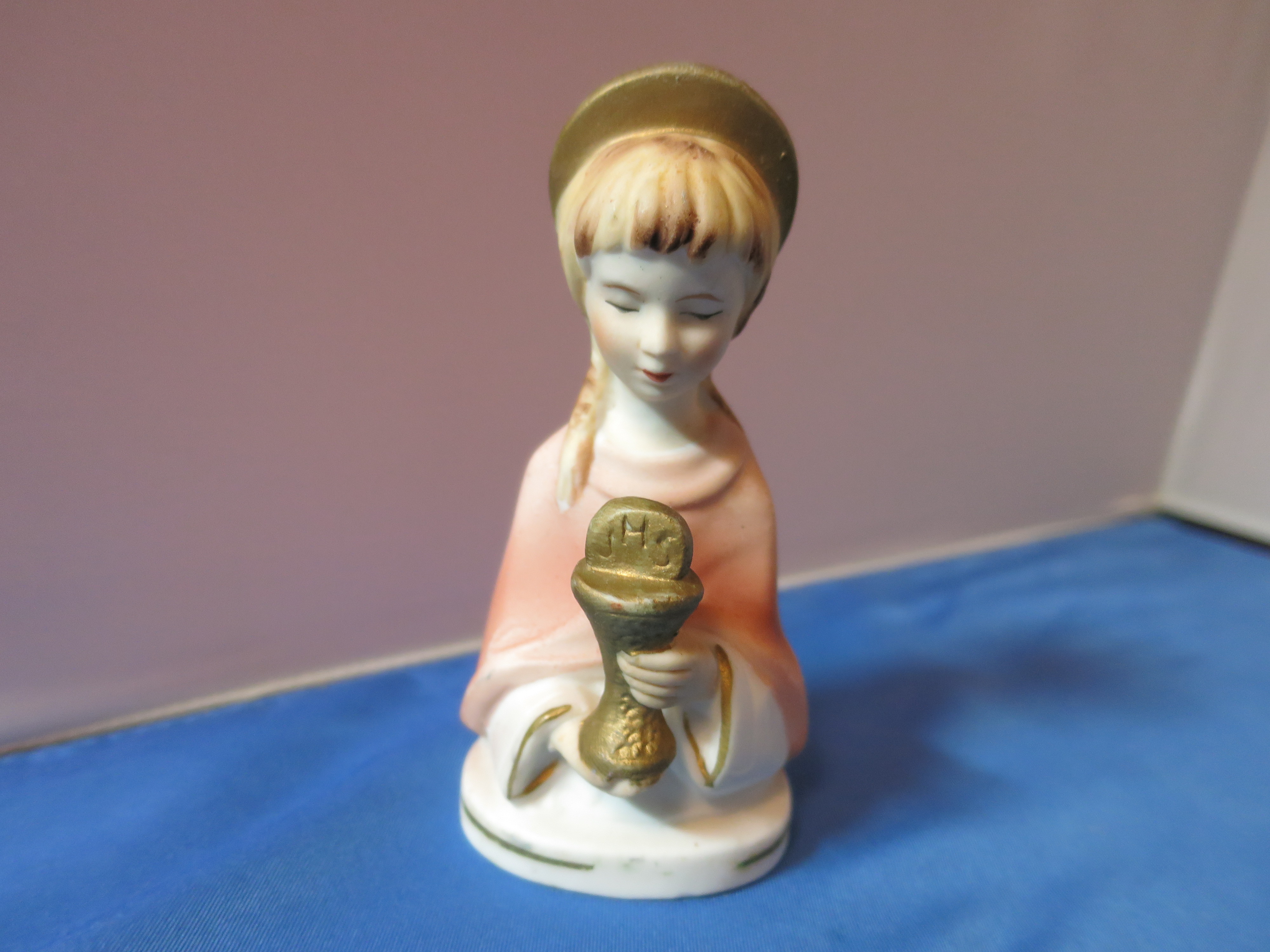Communion religious Figurine girl holding JHS chalice