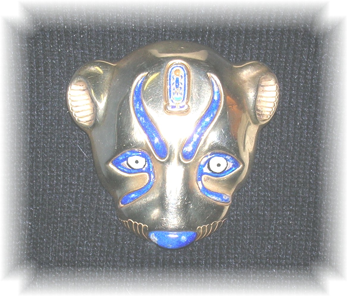 Enamel  Gold Over Sterling Silver Cat  Face Brooch