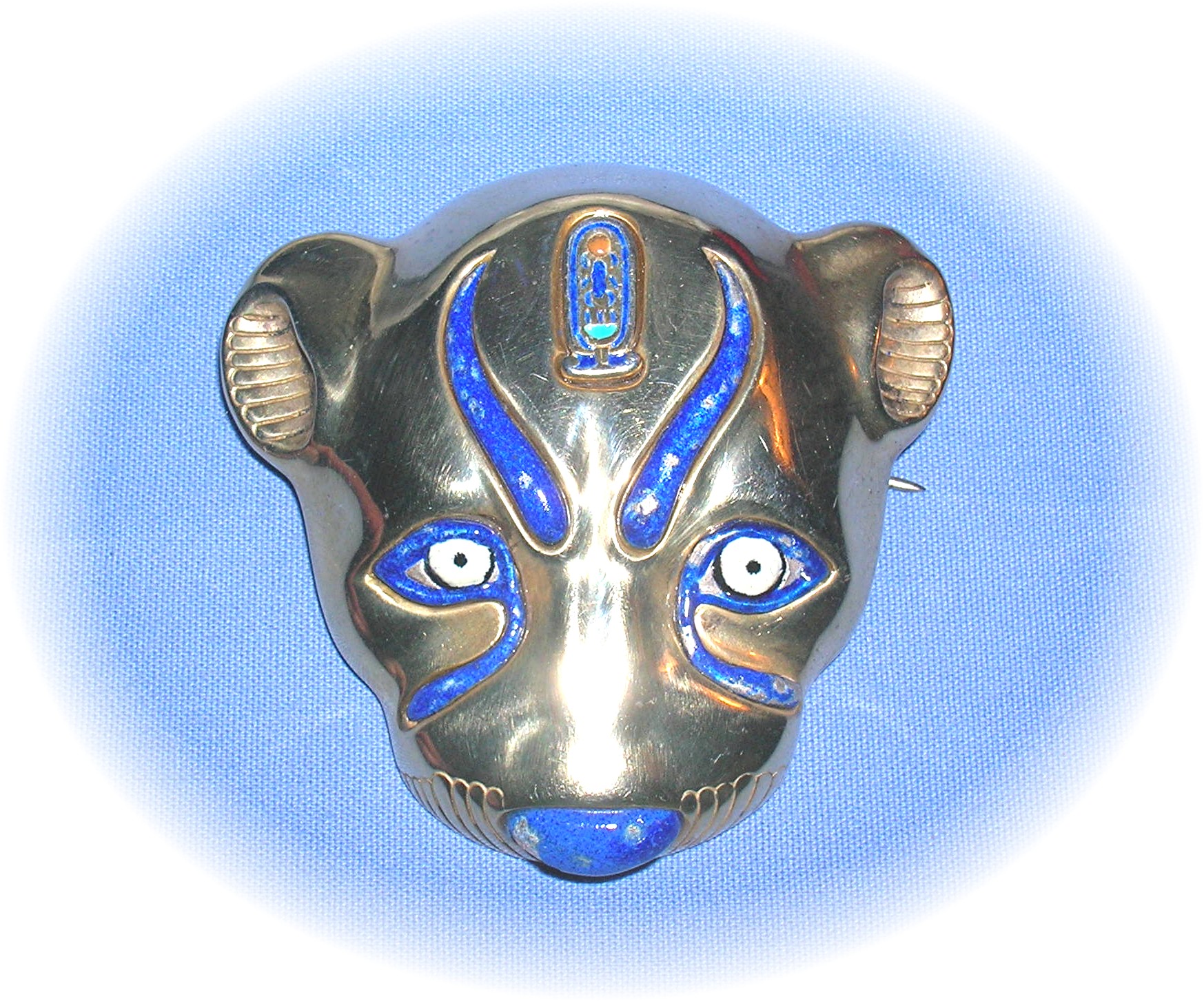 Enamel  Gold Over Sterling Silver Cat  Face Brooch
