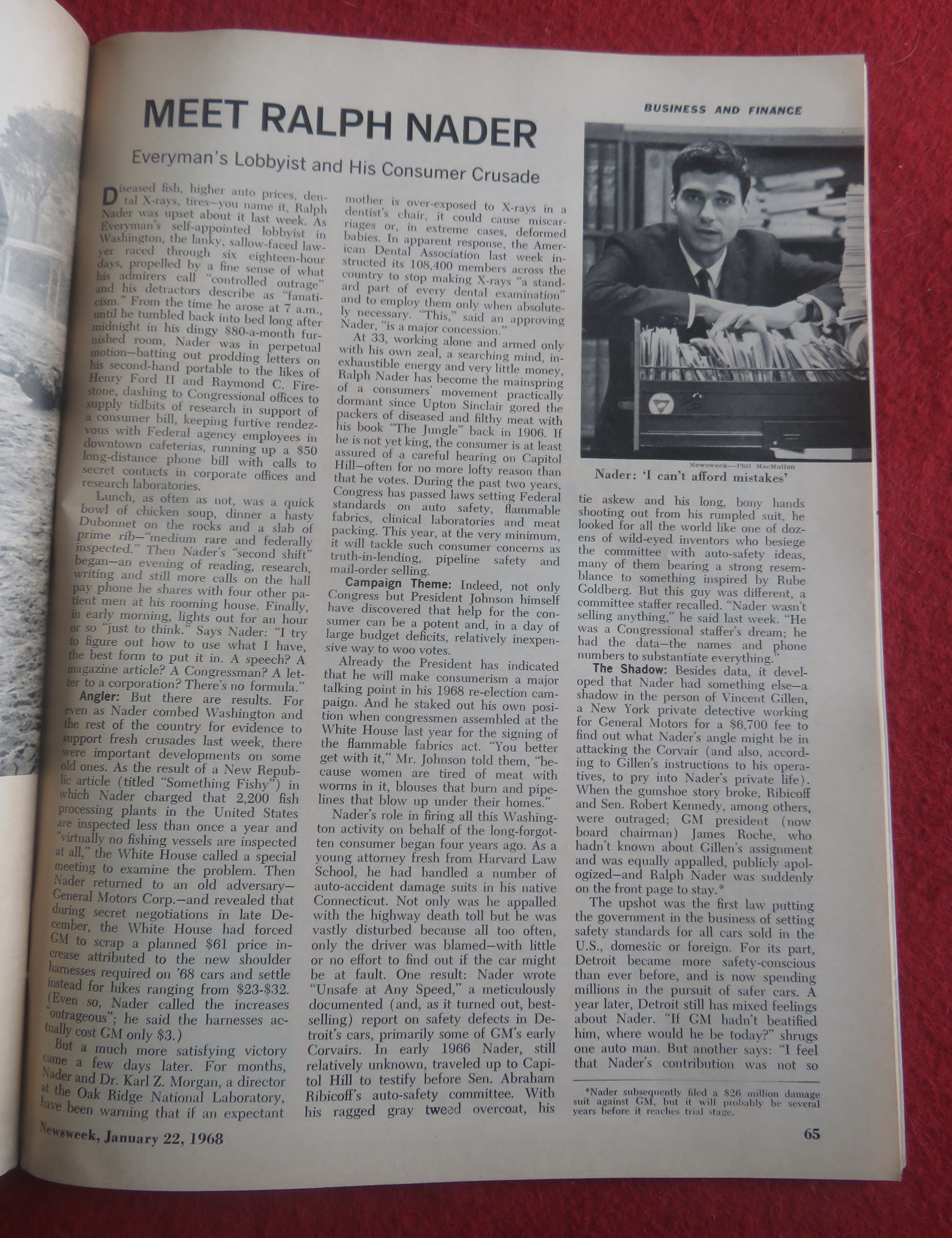 Newsweek Magazine January  22, 1968 Ralph Nader