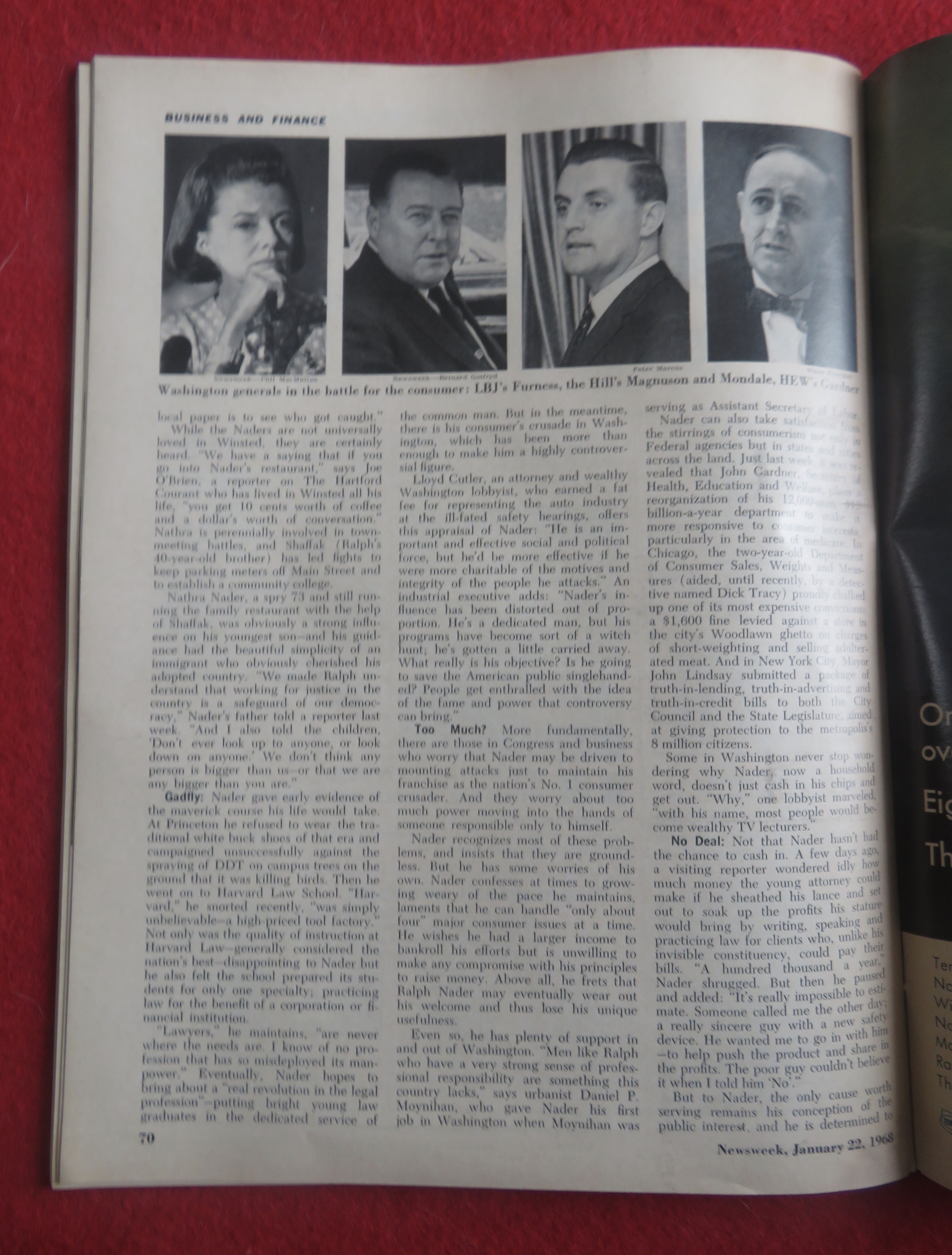 Newsweek Magazine January  22, 1968 Ralph Nader