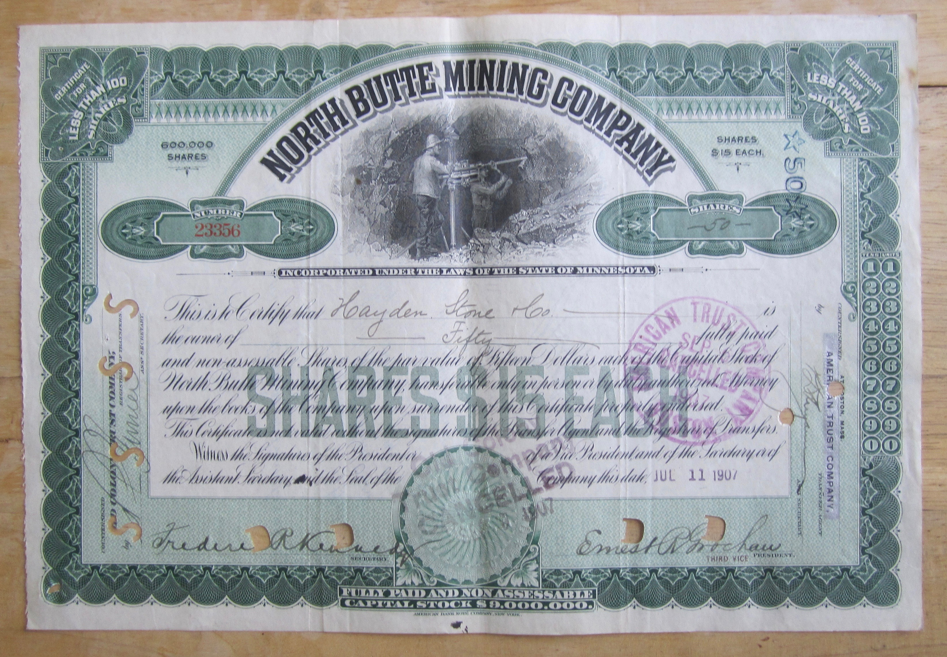 1907 North Butte Mining Company Stock Certificate