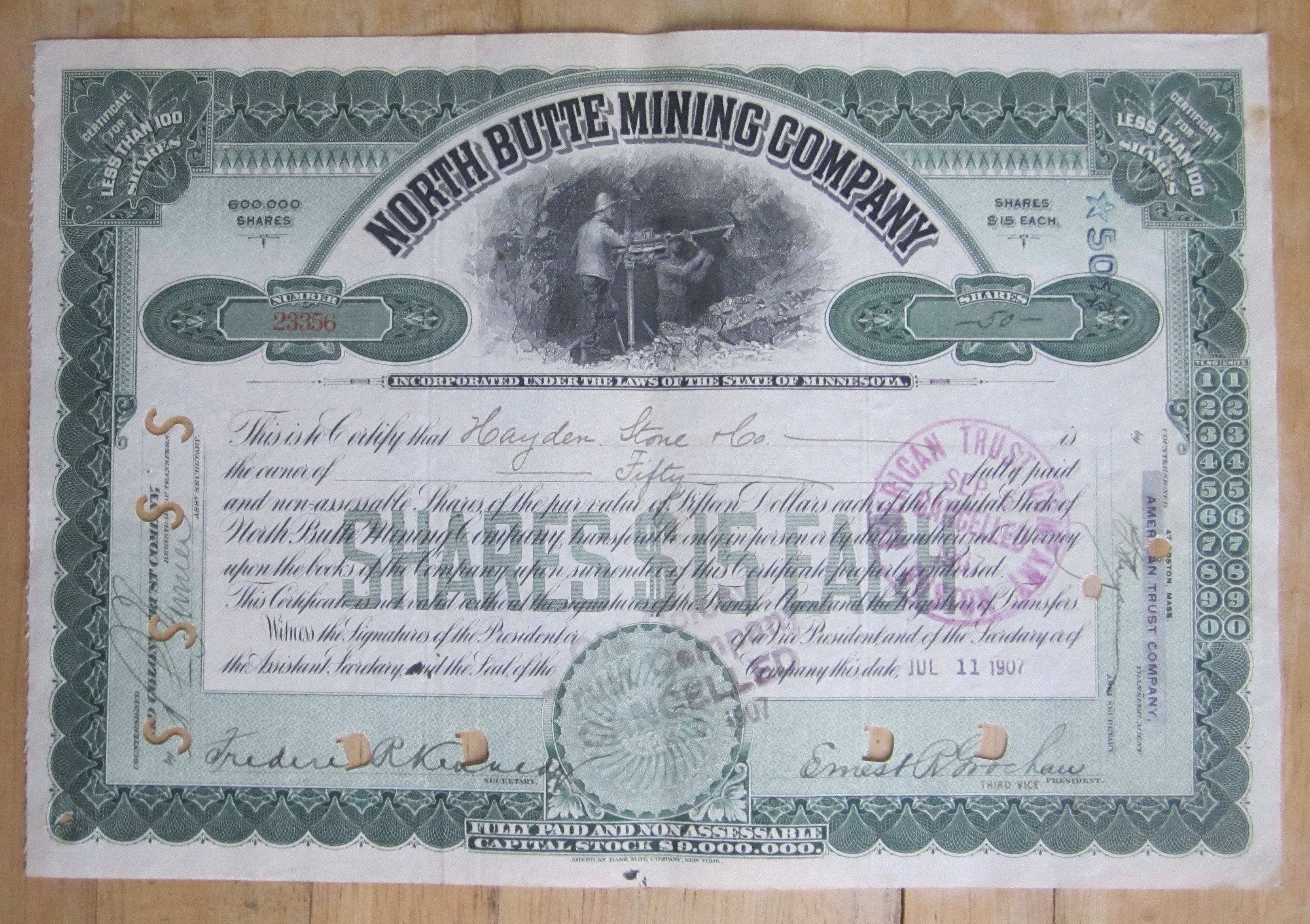 1907 North Butte Mining Company Stock Certificate