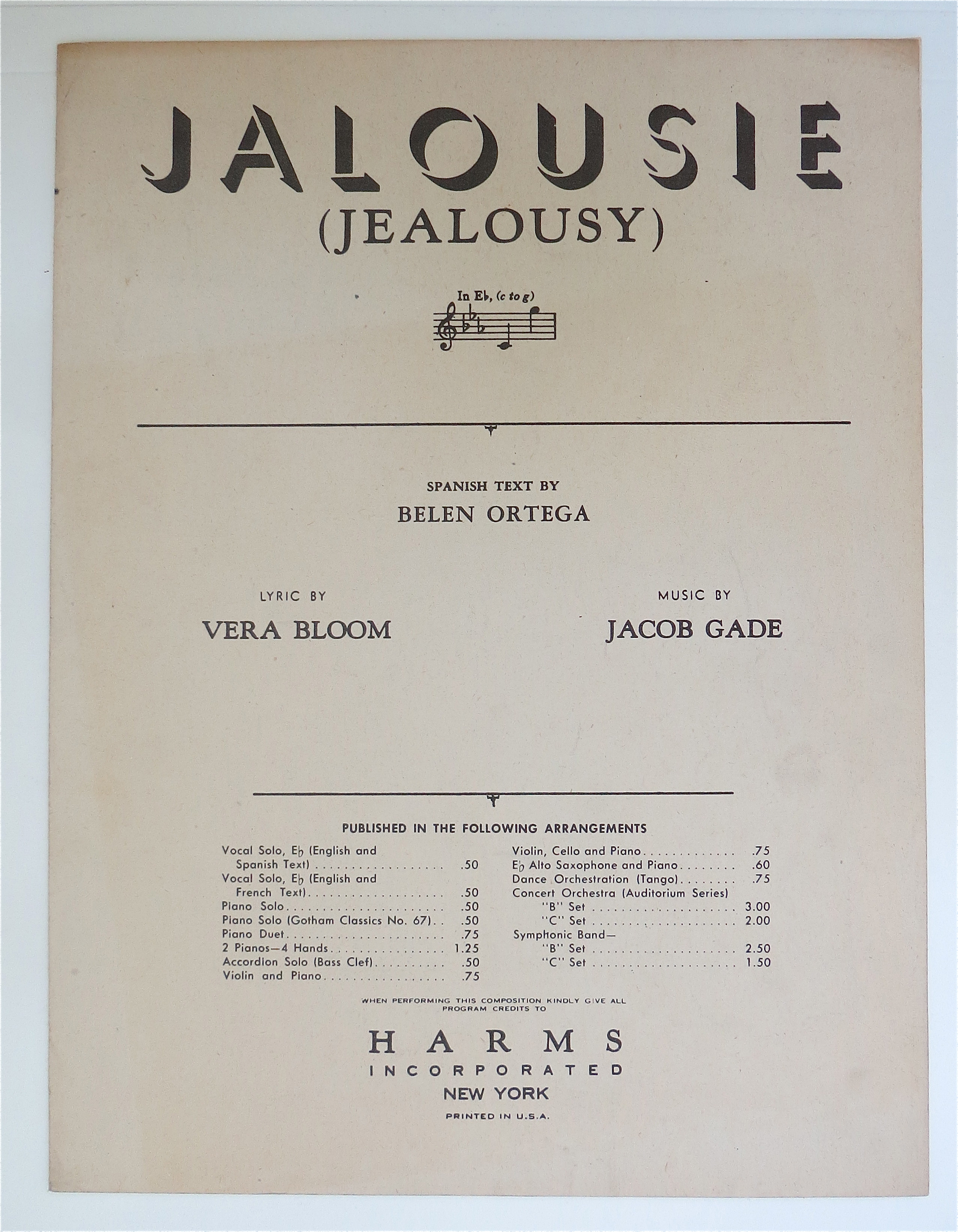 1945 Jalousie (Jealousy) Sheet Music