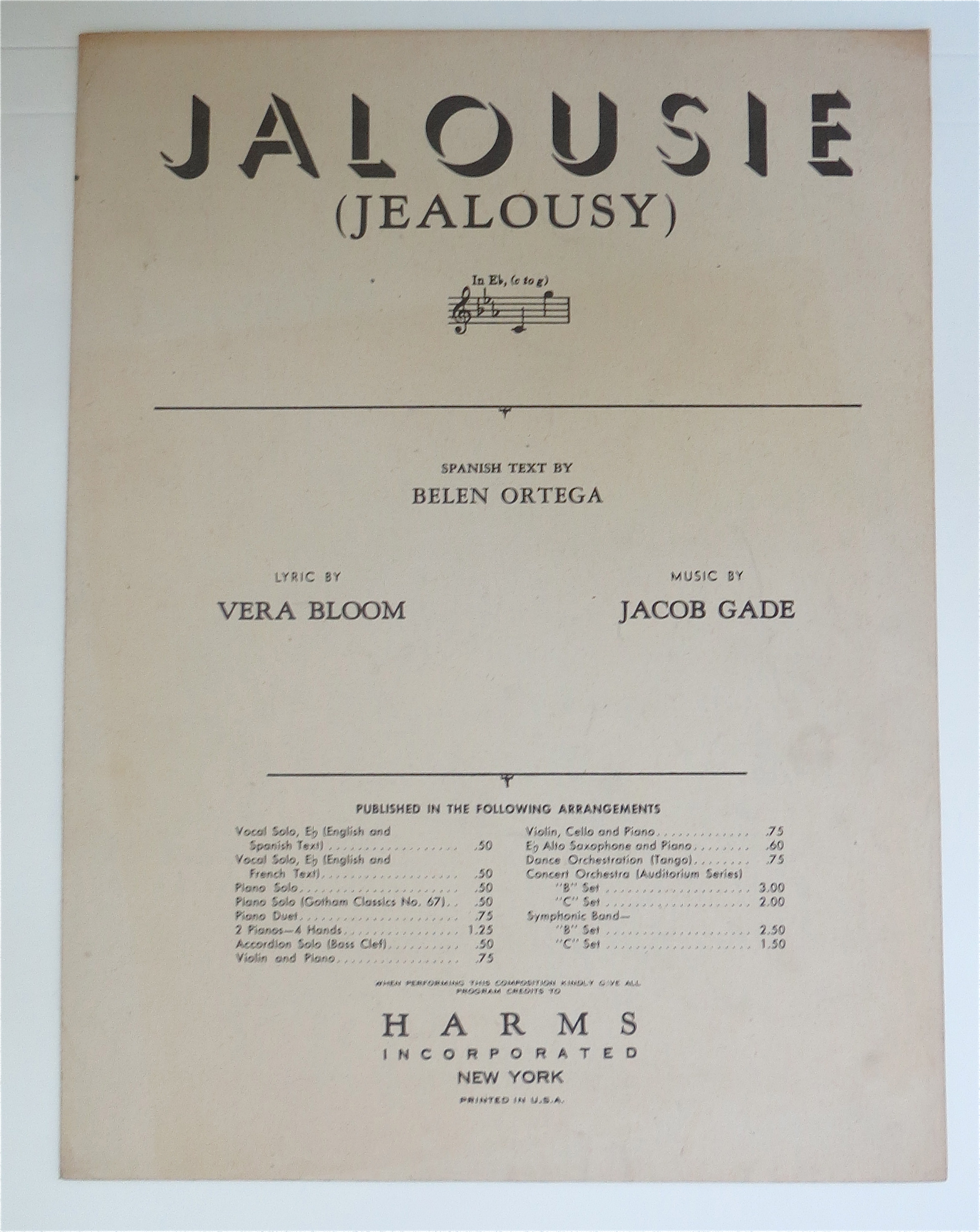 1945 Jalousie (Jealousy) Sheet Music