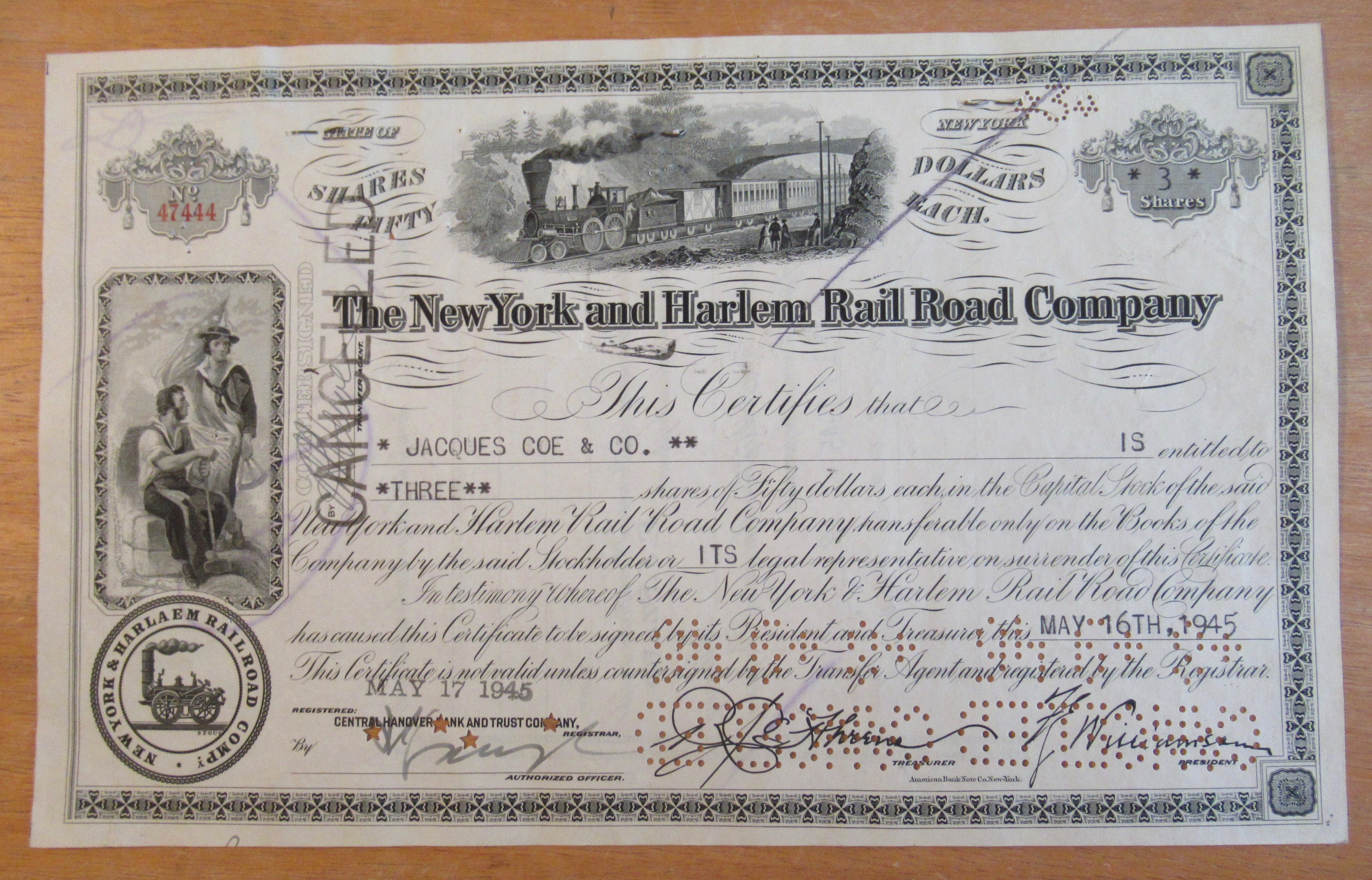 1945 New York & Harlem Railroad Co Stock Certificate