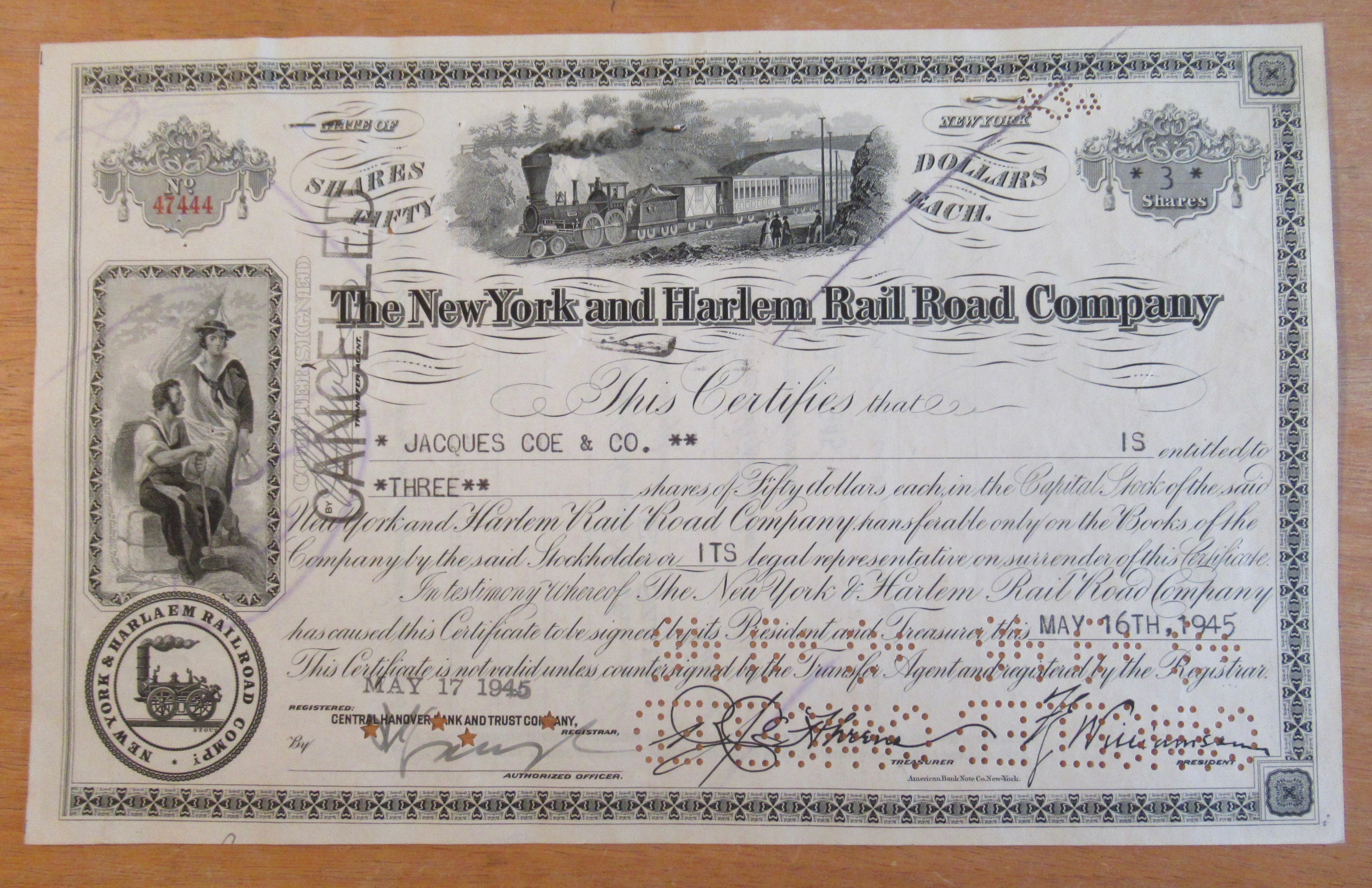 1945 New York & Harlem Railroad Co Stock Certificate