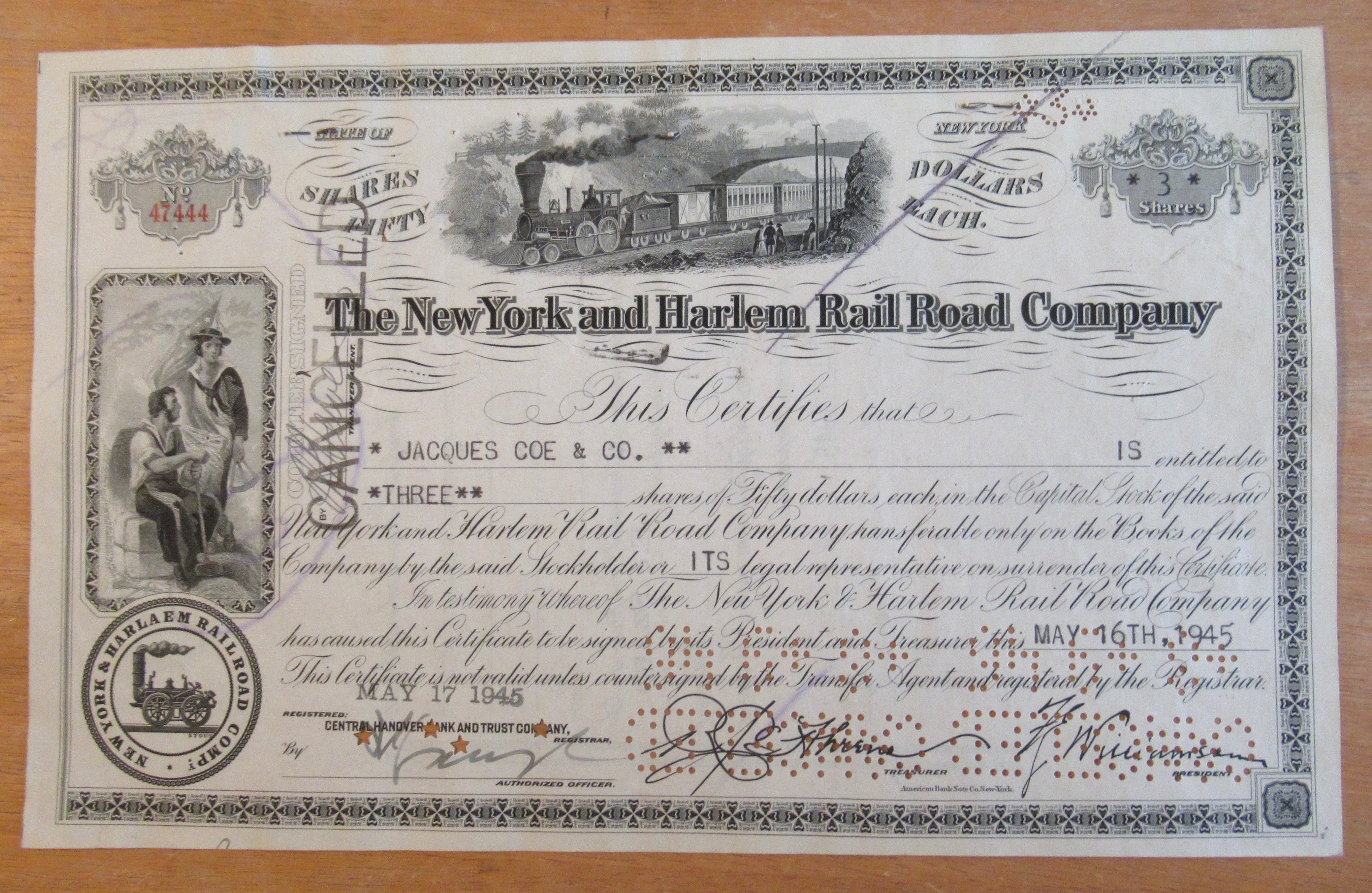 1945 New York & Harlem Railroad Co Stock Certificate