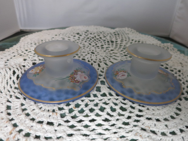 Tiffin Glass Co. Satin Blue Rose Decorated Low Candle Holders