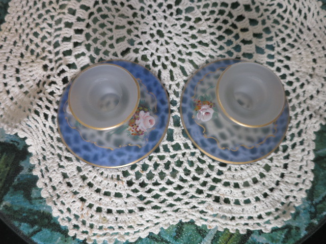 Tiffin Glass Co. Satin Blue Rose Decorated Low Candle Holders