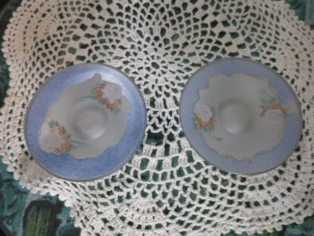 Tiffin Glass Co. Satin Blue Rose Decorated Low Candle Holders