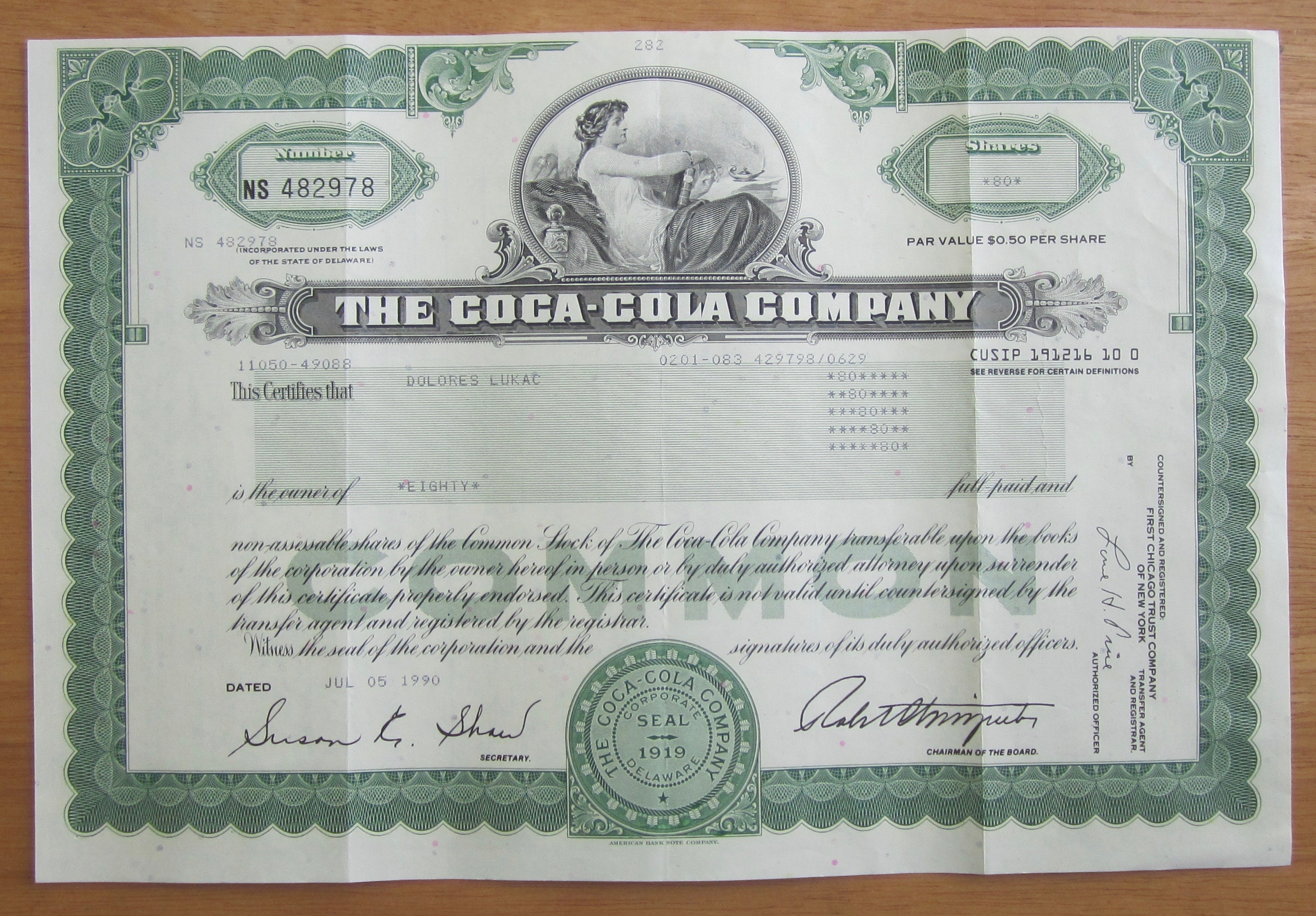 1990 Coca Cola Stock Certificate
