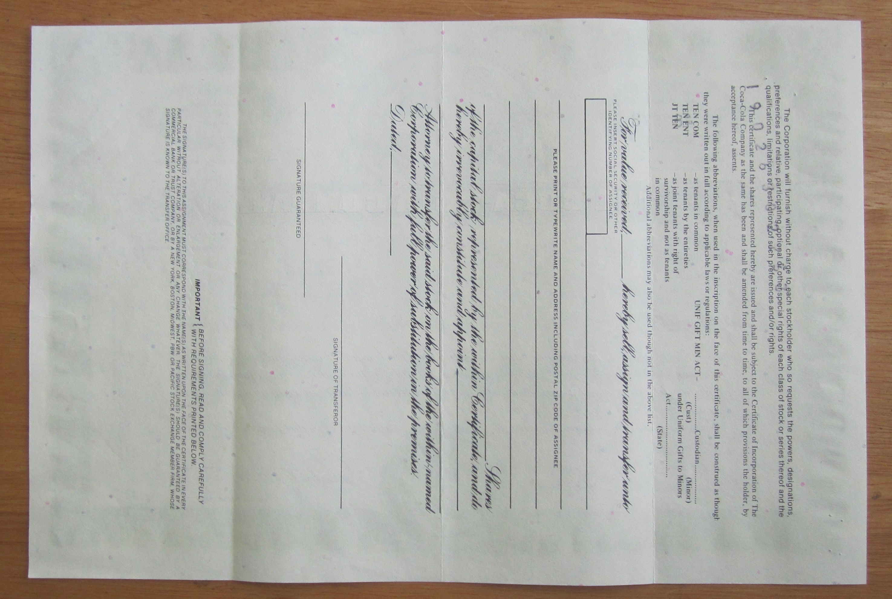 1990 Coca Cola Stock Certificate