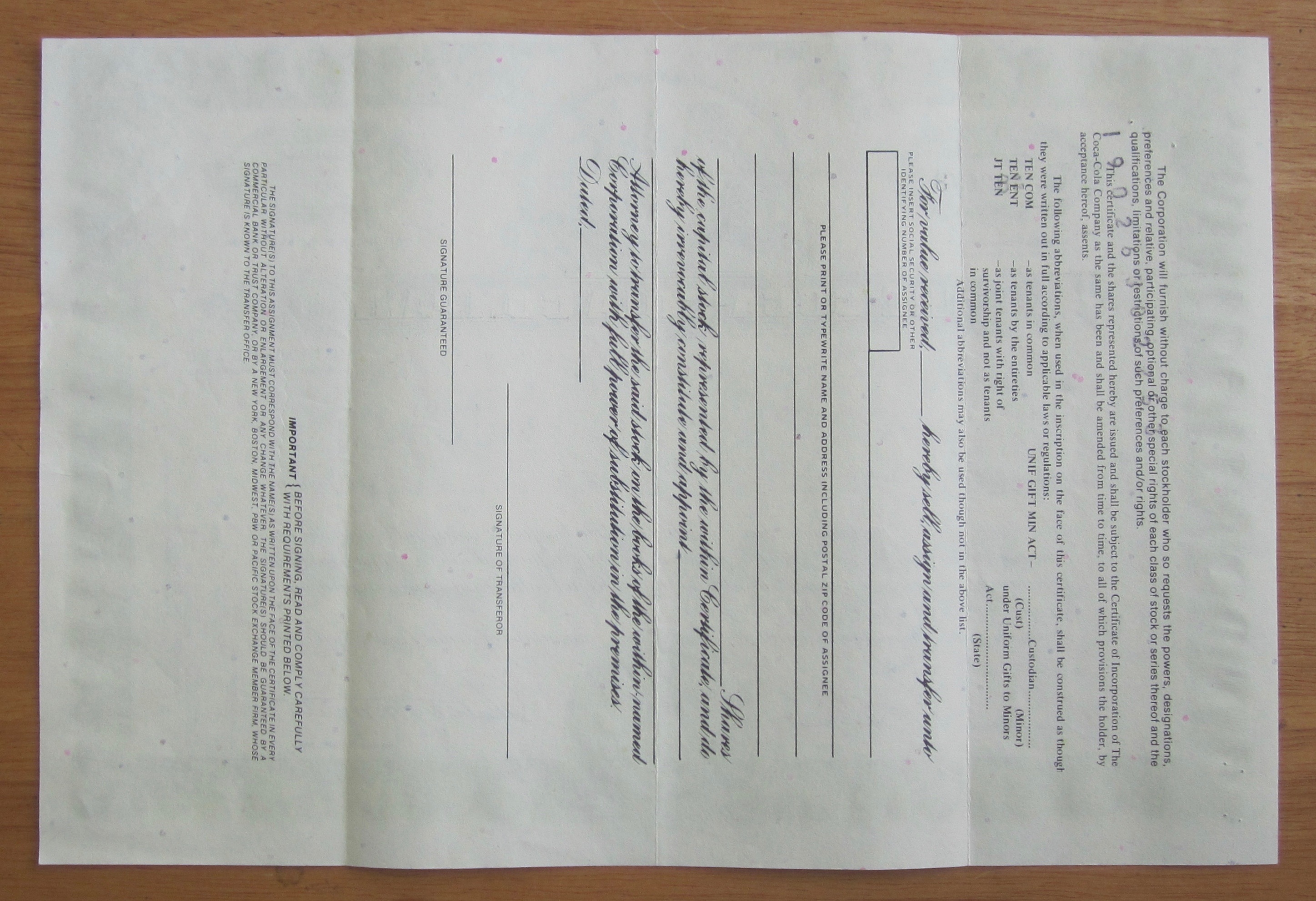 1990 Coca Cola Stock Certificate