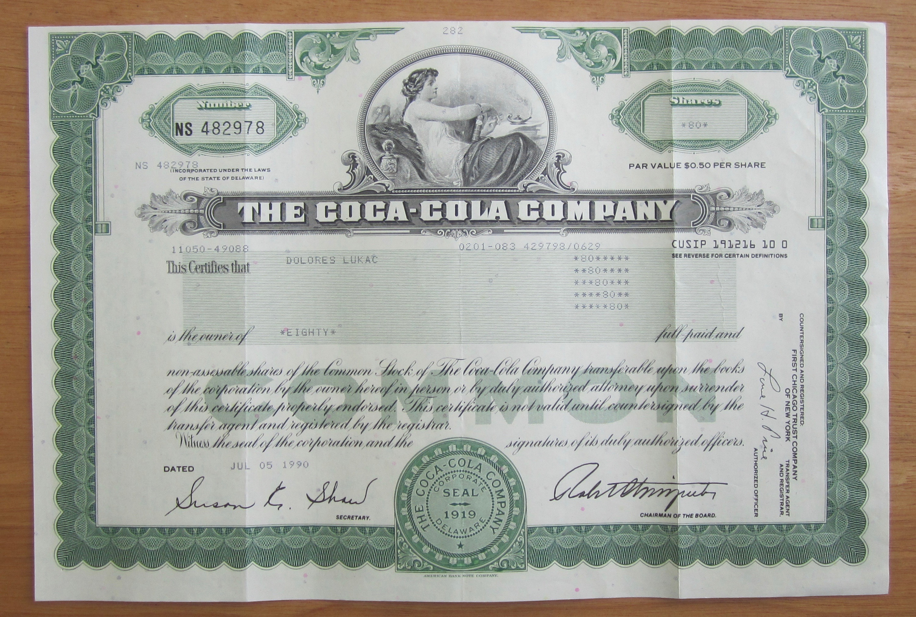 1990 Coca Cola Stock Certificate