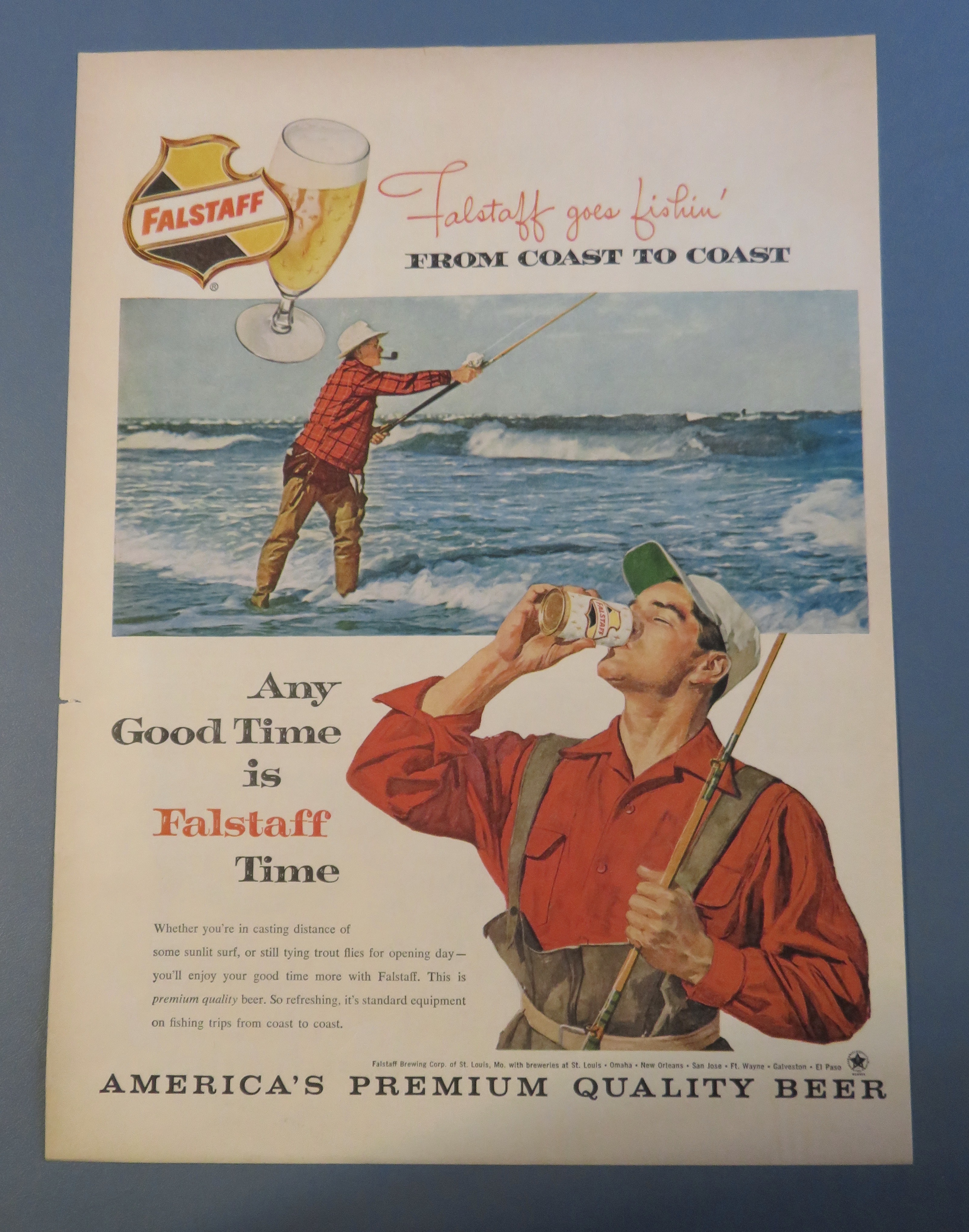 1960 Falstaff Beer with Man Fishing & Drinking Beer