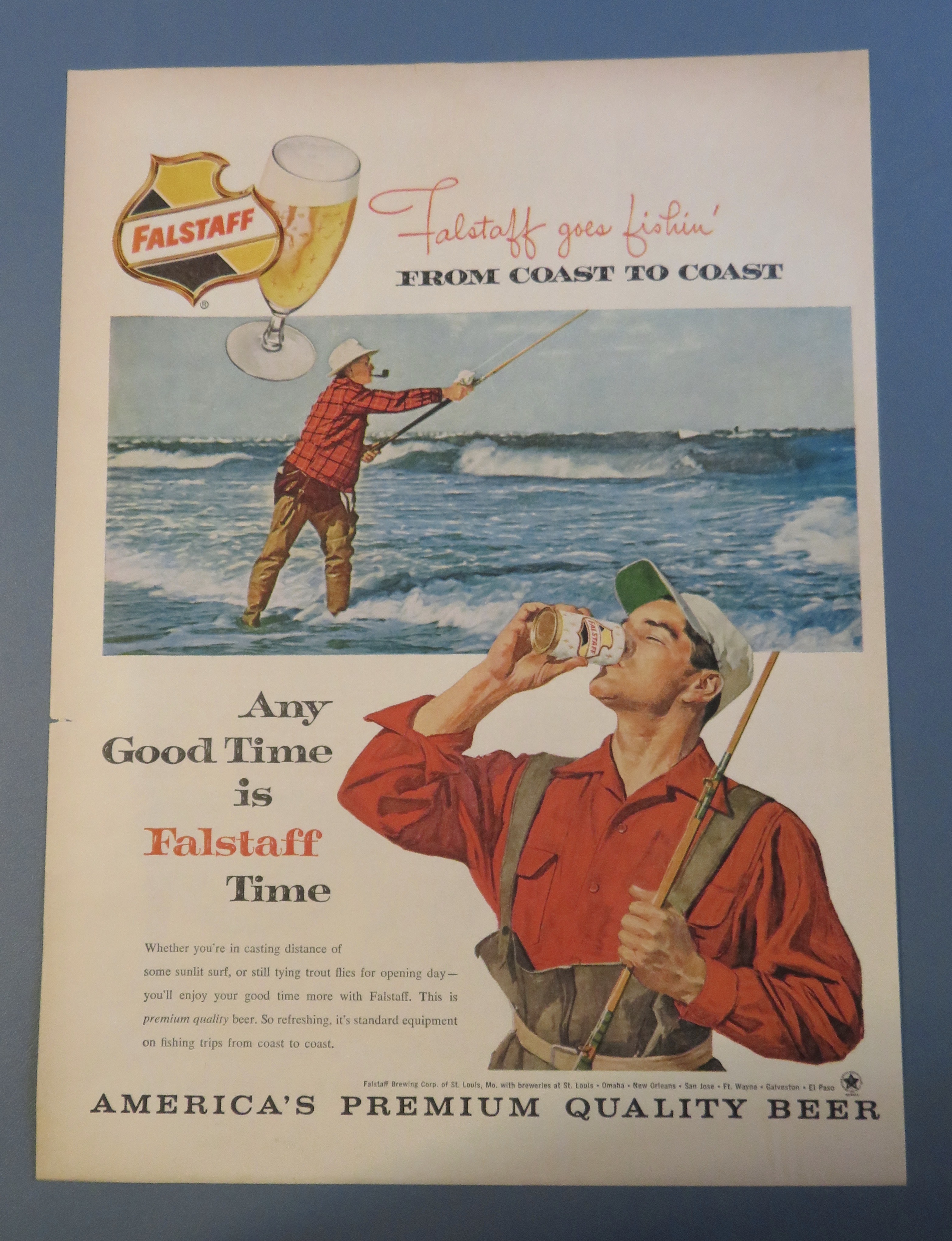 1960 Falstaff Beer with Man Fishing & Drinking Beer