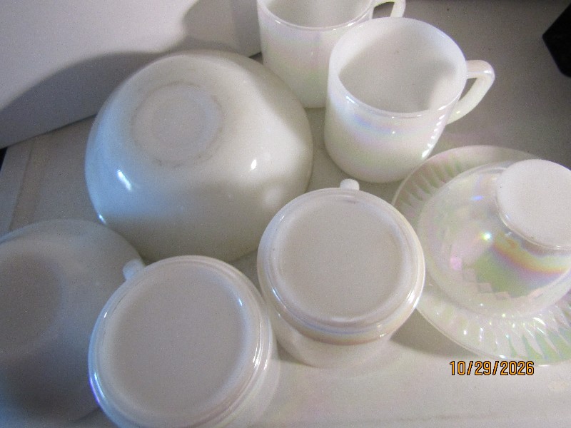 Vintage Anchor Hocking Fire-King Iridescent White Lusterware Milk Glass Mugs, Bowls & Saucers Set