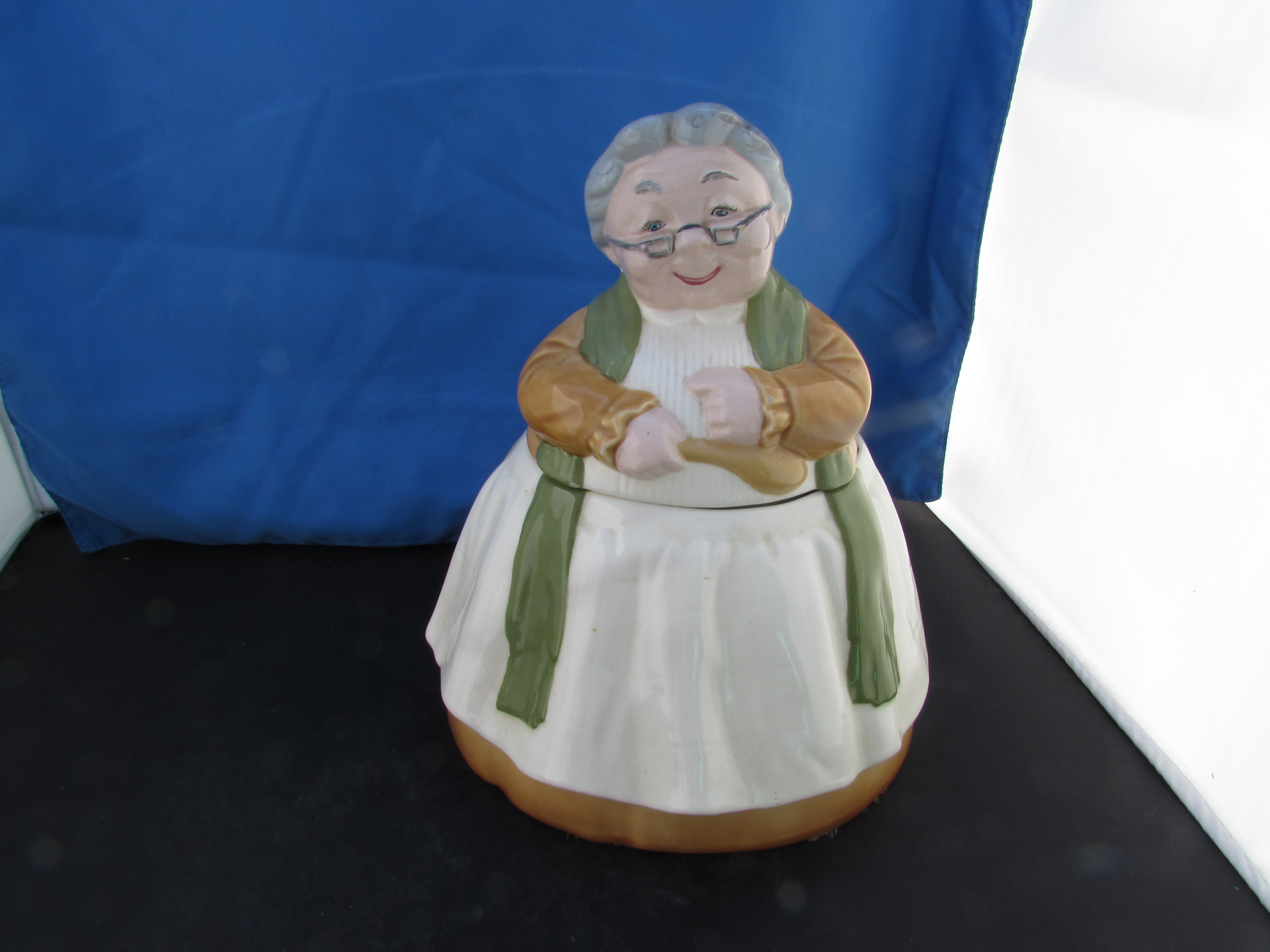Vintage Granny Green Scarf Ceramic Cookie Jar 1960s